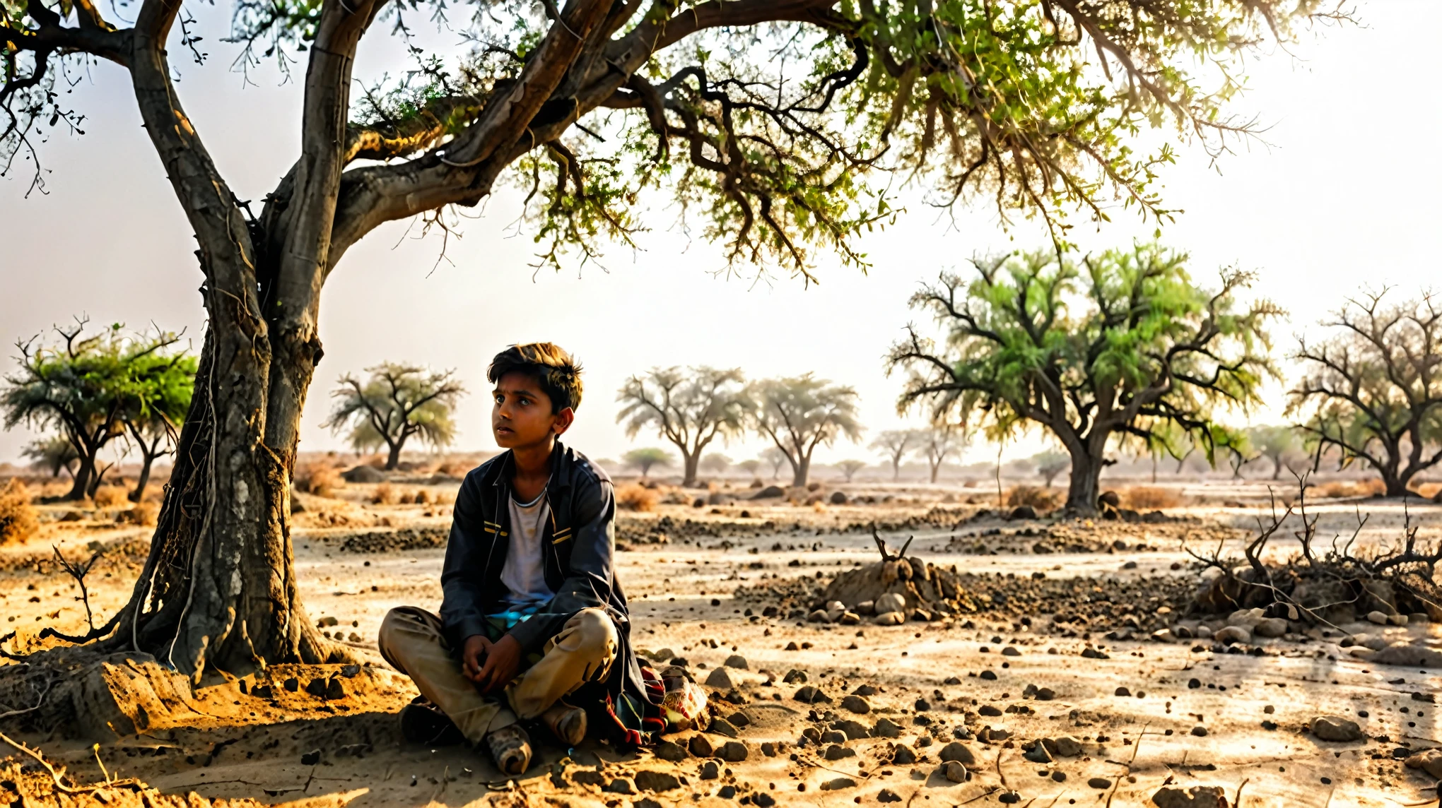 Dynamic photo of a indian boy sitting under a tree in a barren land and thinking something, stunning picture, realistic cinematic style, 4k ultra HD quality in 3D