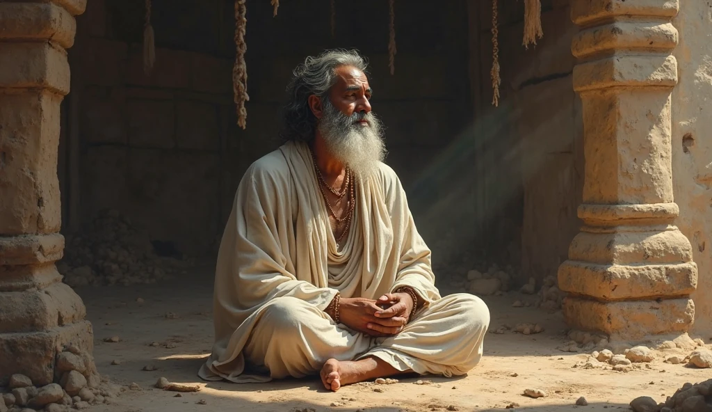 Sage’s Solitude**: The sage sitting alone in his ashram after . Ghoda .s passing, meditating in deep thought, with the empty spot beside him serving as a poignant reminder.
