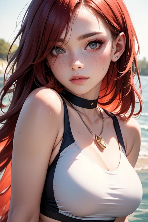 A college student is wearing a cute swimsuit at the beach, holding back her hair from the wind, curvaceous, necklace, chest enhancement, ultra-high definition,