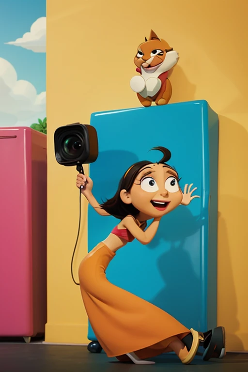 Create a 3D Movie Poster Inspired by Disney Pixar, The scene should be in Pixar's signature digital art style, with a caricatural image reminiscent of the Brazilian singer "Anita" in the prone position, Wearing a bikini while a tattoo artist sits tattooing with a giant ring on one hand, Inside a tattoo studio.