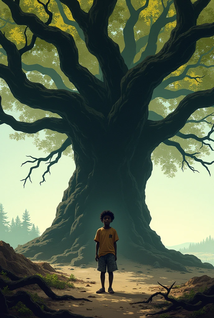 A black boy sitting in a long tree
