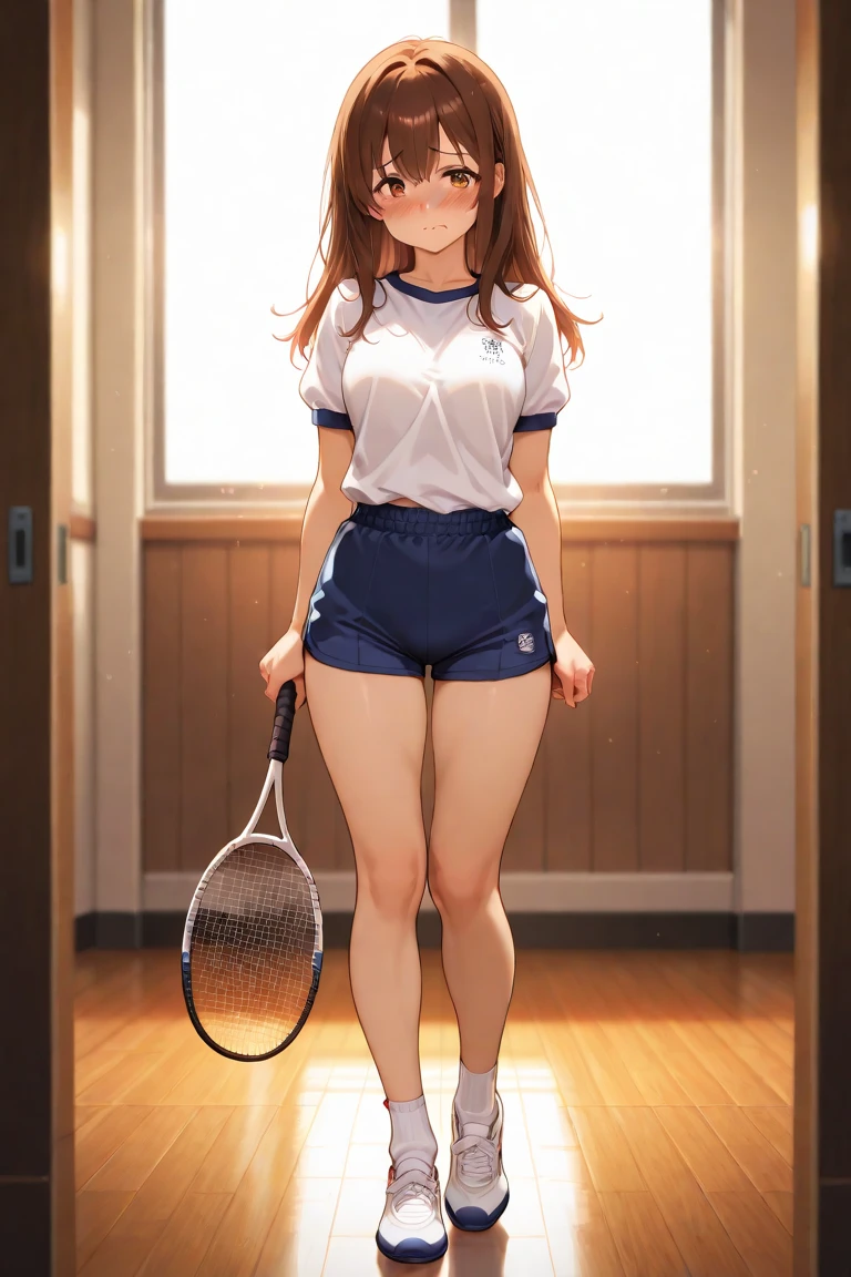 highest quality, ultra high resolution, (realistic: ),(A junior high school student wearing white tennis wear2people))(((Please open your legs a little)))full body portrait,locker room、Change of clothes,loose socks、Embroidered panties、embroidery bra、nipple、ponytail、earrings.mini skirt、Tuck up your shirt
