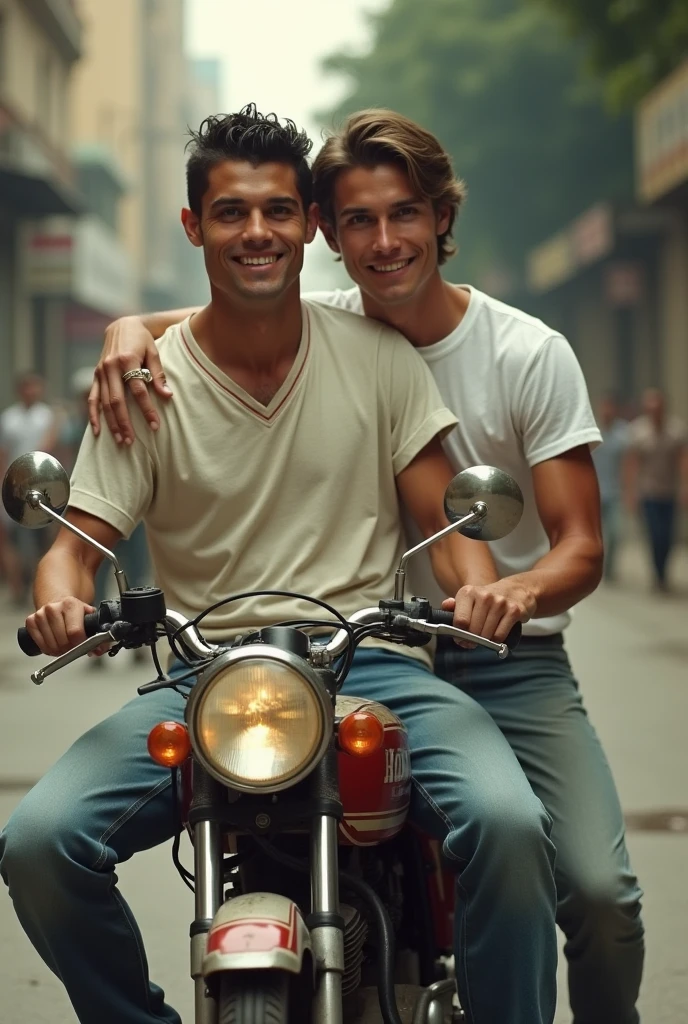 Two handsome young men, beautiful faces, white skin, soft skin, thin, short black hair, shirtless, riding horses together.