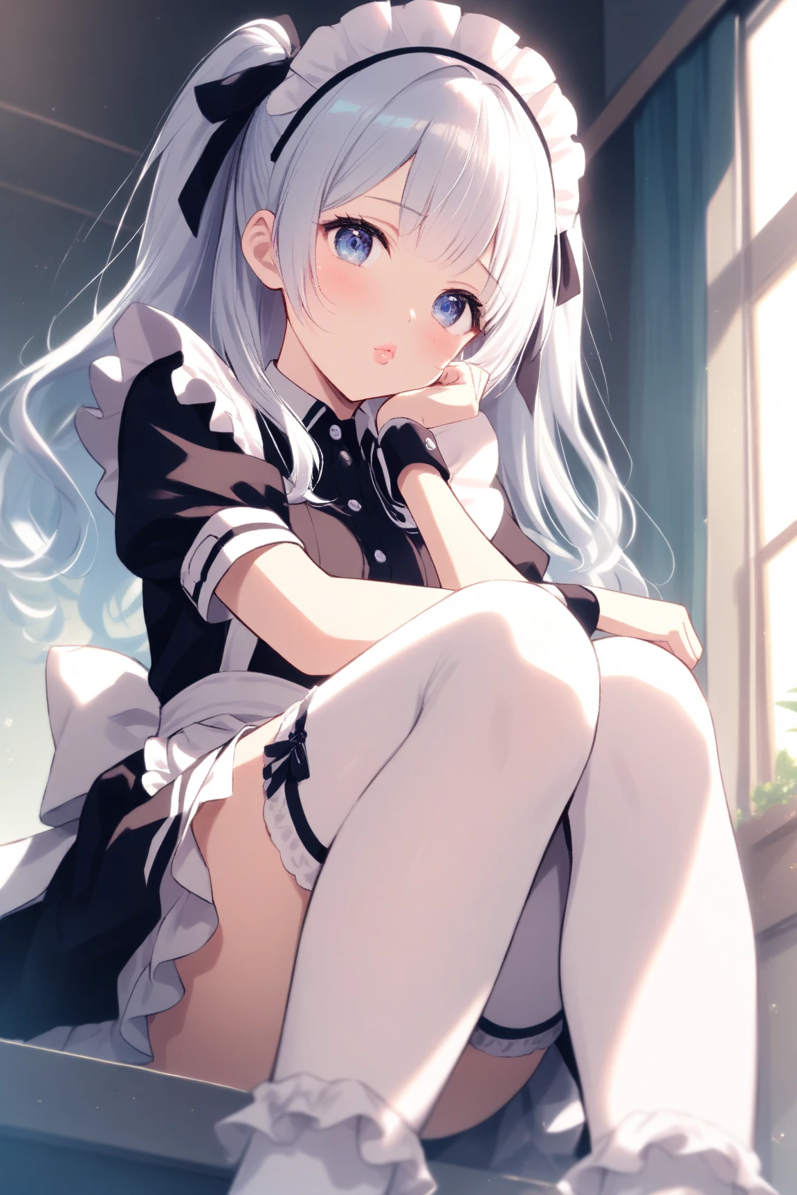 masterpiece, {{{{Highest quality}}}}, beautiful, 1girl, Light_Blue eyes, white hair, {twintails}, {{maid}}, miniskirt, White cat ears, White cat tail, collar with bell, sleeveless, bare feet, maid_headdress