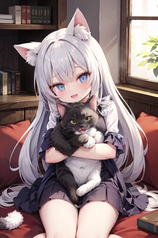 Highly detailed face,fine grain,Sparkling eyes,Highlighted eyes,Medium chest,pretty girl,smile,Cat ear, eat big rice ball ,Beautiful silver hair,Pink inside,Beautiful pink eyes,Oversized shirt,skirt,