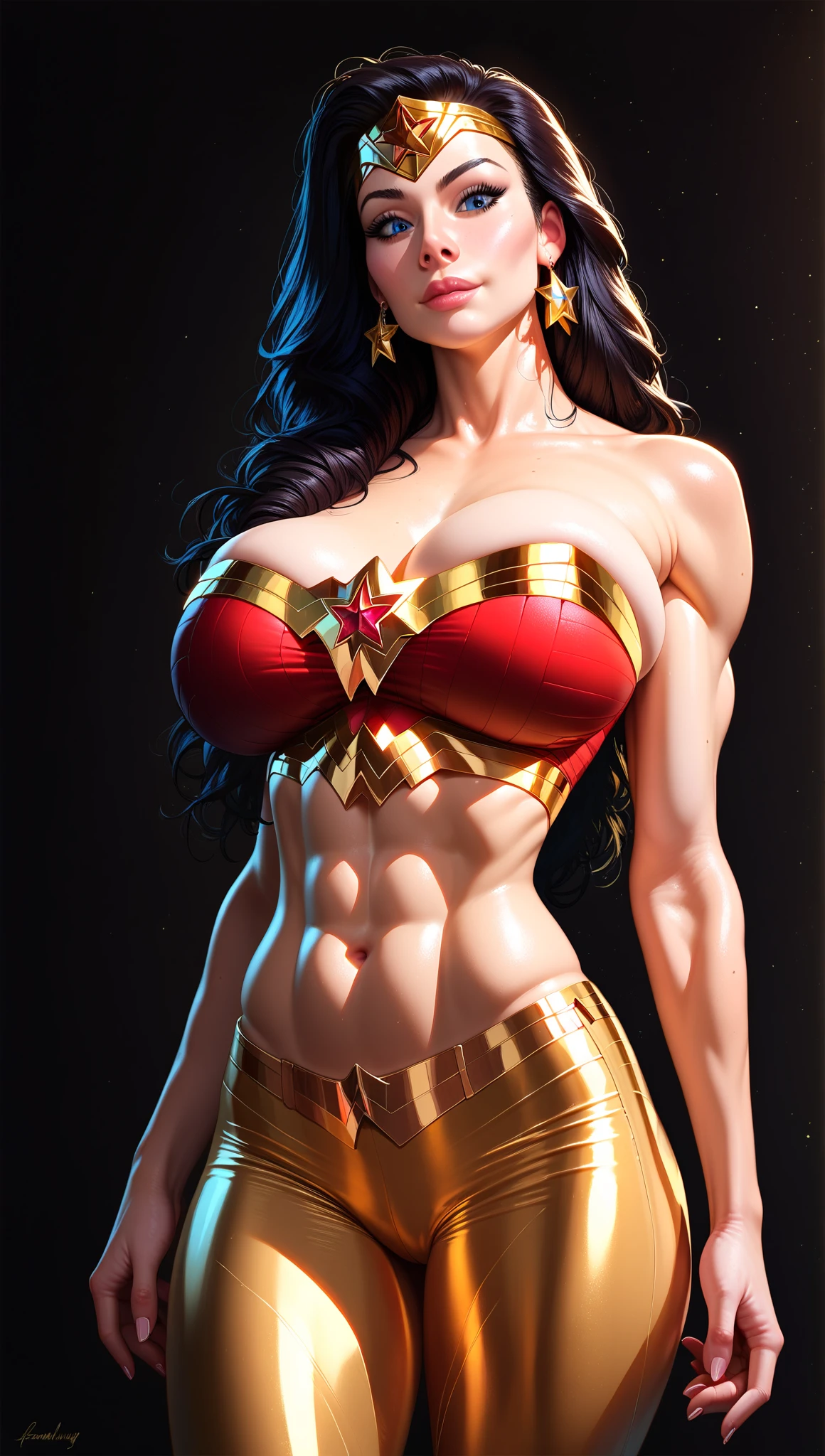 a beautiful woman in a swimsuit, dynamic superheroine, highly detailed facial features, piercing eyes, long eyelashes, full lips, sharp nose, mesmerizing expression, graceful pose, muscular toned body, flowing hair, intricate swimsuit design, glowing skin, dramatic lighting, cinematic atmosphere, vibrant colors, photorealistic, 8k, best quality, masterpiece