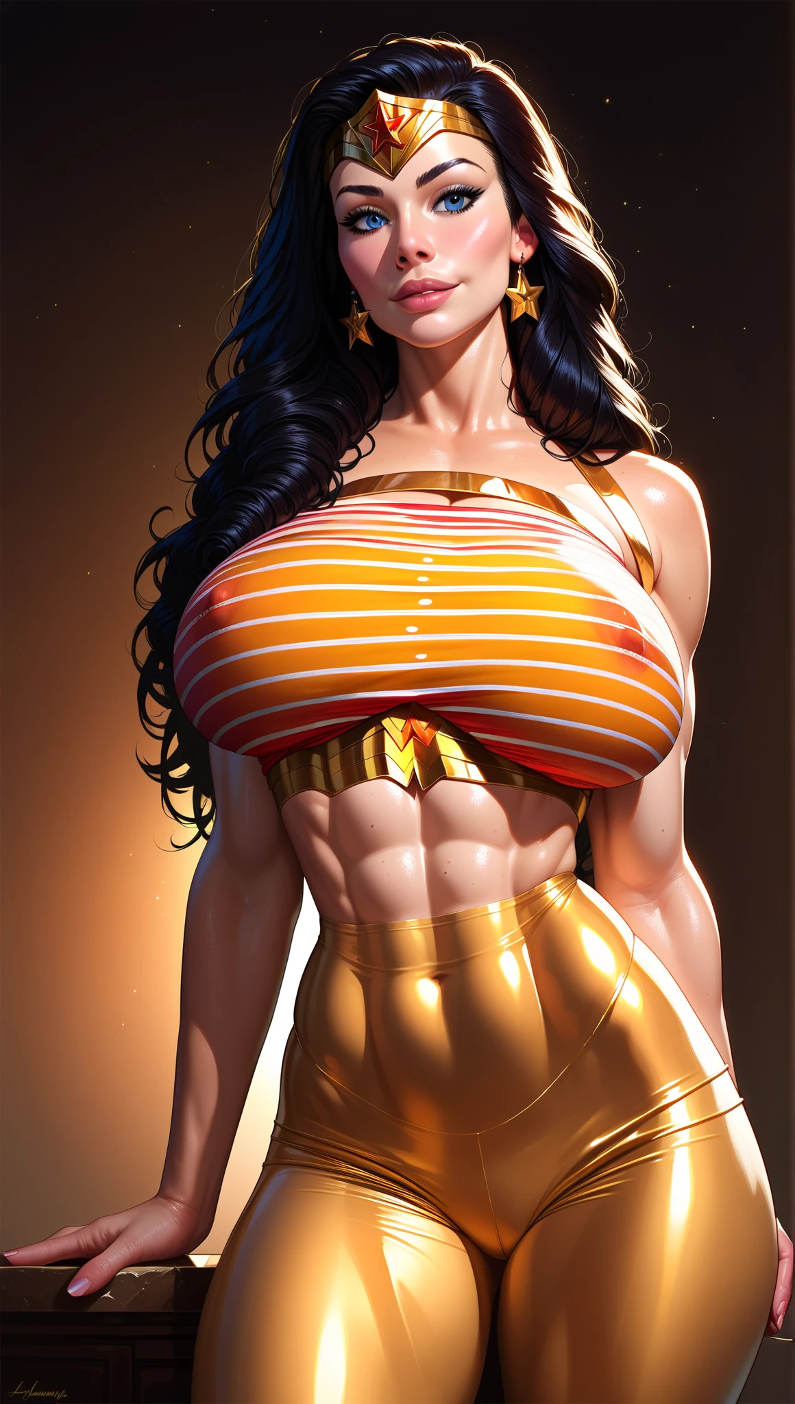 close up, ((masterpiece)),(((best quality))),((character)), ((full body view)) ((black woman)) ((crew cut)) ((seductive pose)) mature face, defined cheekbones, high cheekbones, illustration, girl, muscular, (crew cut:1.4)), sexy bimbo, (gigantic breasts:1.7) black hair, ((detailed face:1.4)) beautiful woman, (orange leotard:1.4), (gold hoop earrings:1.6), (thighhigh:1.4) (red lipstick:1.3) , shiny skin, scribbles and marks,(puffy lips:1.5) , rough sketches, 8k,16k, (simple background, white background: 1.3), orange legs, orange arms, (brown face:1.5), ((punching the viewer))