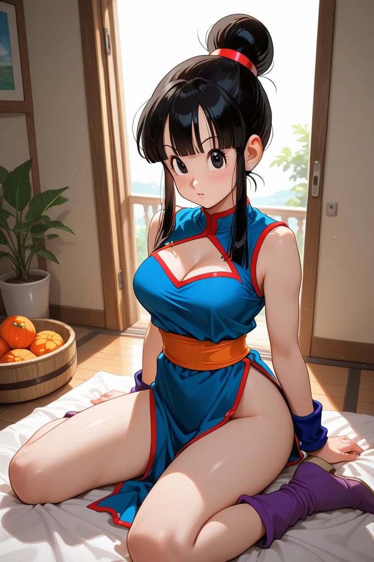 masterpiece, best quality, best quality, Reality, Perfect anatomical structure, Perfect face, Perfect eyes,,(((Full and soft breasts,)))(((Huge breasts))) (((Cleavage))) (Perfect curvy figure),
dbzch1ch1, Side lock, Bangs, single Hair Bun, Hair Bun, (black eyes), Orange cashmere shawl, Red spherical earrings , Red wristband, Purple cheongsam, Sexy pose