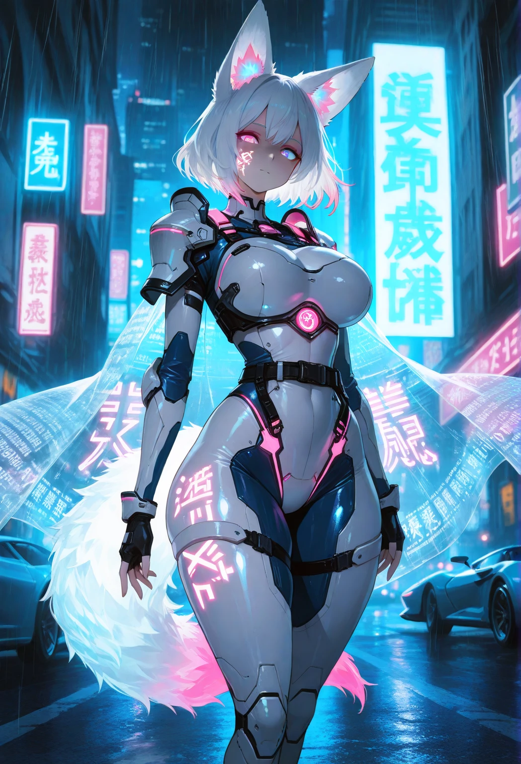 a girl, Wearing futuristic clothing、Anime girl wearing cat ears and headphones, cute girl, (huge breasts), slender waist, ((white hair, twintails, Pink pick dye)), big tail, ((Mechanical tail, Manipulator)), ((masterpiece, Highest quality, detailed))