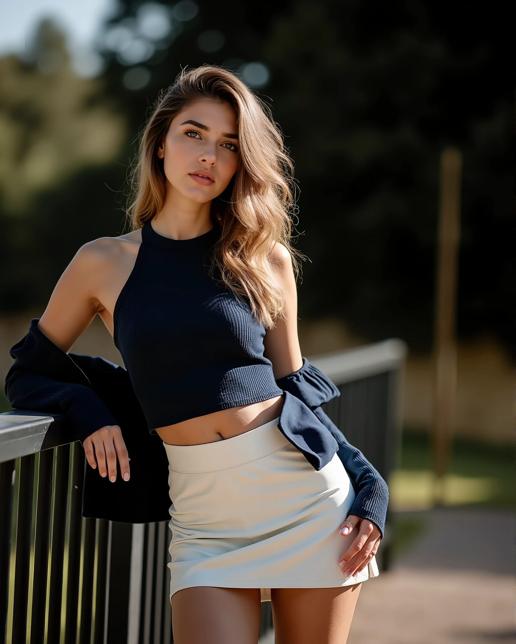beautiful woman, straight blonde hair, wearing a choker with a body harness, wearing skinny skirt, (((front view)), (in city), violet myers, very detailed, 25 years, natural wave hair, blue eyes, high-res, masterpiece, best quality, intricate details, highly detailed, sharp focus, detailed skin, realistic skin texture, texture, detailed eyes, professional, 4k, Canon shooting, 85mm, shallow depth of field, kodak color vision, perfect fit body, extremely detailed, photo_\(ultra\), photorealistic, realistic, post-processing, maximum detail, roughness, real life, ultra realistic, photorealism, photography, 8k uhd, photography (grain of film) medium shot for closeup shot atmospheric dark lighting