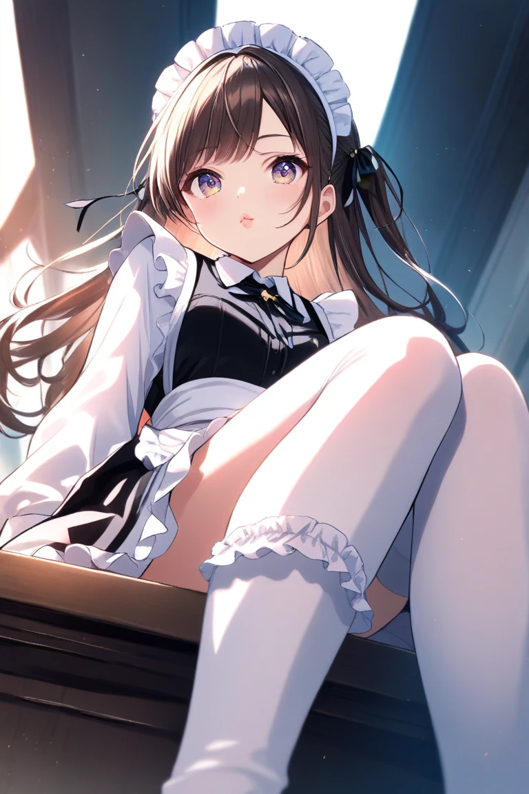 masterpiece,best quality,ultra detailed,1girl , solo , solo focus , full body ,( from forward down ),( pantyshot :1.3), thigh focus ,looking at viewer ,( looking down:1.4),( crossed legs :1.3),(( Sitting highly on her throne:1.5)),( reclining:1.3),( spread legs:1),( leg up :1.2),  floating hair ,( looking down :1.4), (detailed drawn hands), (white wedding dress:1.5),(long dress),bridal veil,(white thigh boots:1.3),thighhighs,  (thigh high boots),   elbow gloves , red eyes, brown hair , short hair,floating hair,  outdoors, blue sky,
