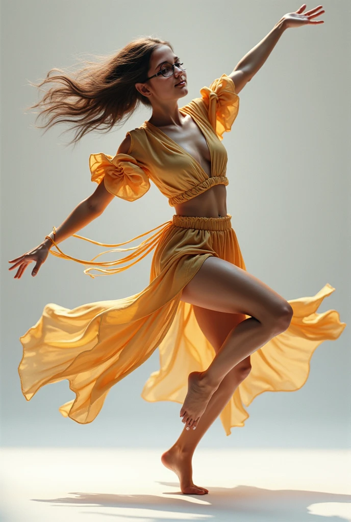 a woman in a yellow dress is dancing in a room, dancing gracefully, modern dance aesthetic, by Elizabeth Polunin, dynamic dance photography, inspired by Elizabeth Polunin, lady using yellow dress, anna nikonova, beautiful and graceful, with yellow cloths, alina ivanchenko, by irakli nadar, viktoria gavrilenko