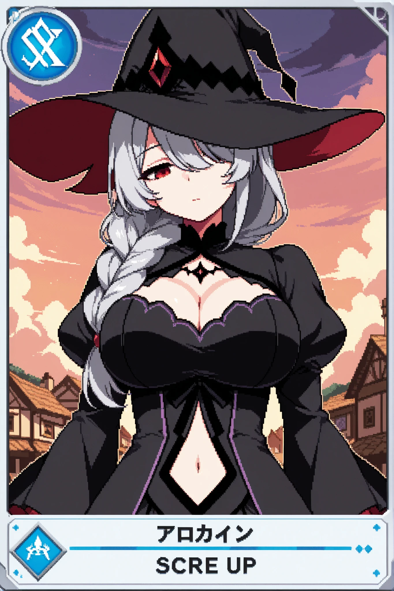 masterpiece, best quality, highres, wz1, long white hair, ((mature woman)), ((milf)), long legs, ((big breasts)), (((giant breasts: 1.3))), hanfu, ((long black gloves)), girdle, bare shoulders, (lingerie), (stockings), bow, black dress, standing, cowboy shot, smile, open mouth, vampire fangs, (huge witch hat), red eyes, facing the viewer, ((head-on)), full body, wide hips, ((curly hair)), ((leaning forward)), (looked from above),