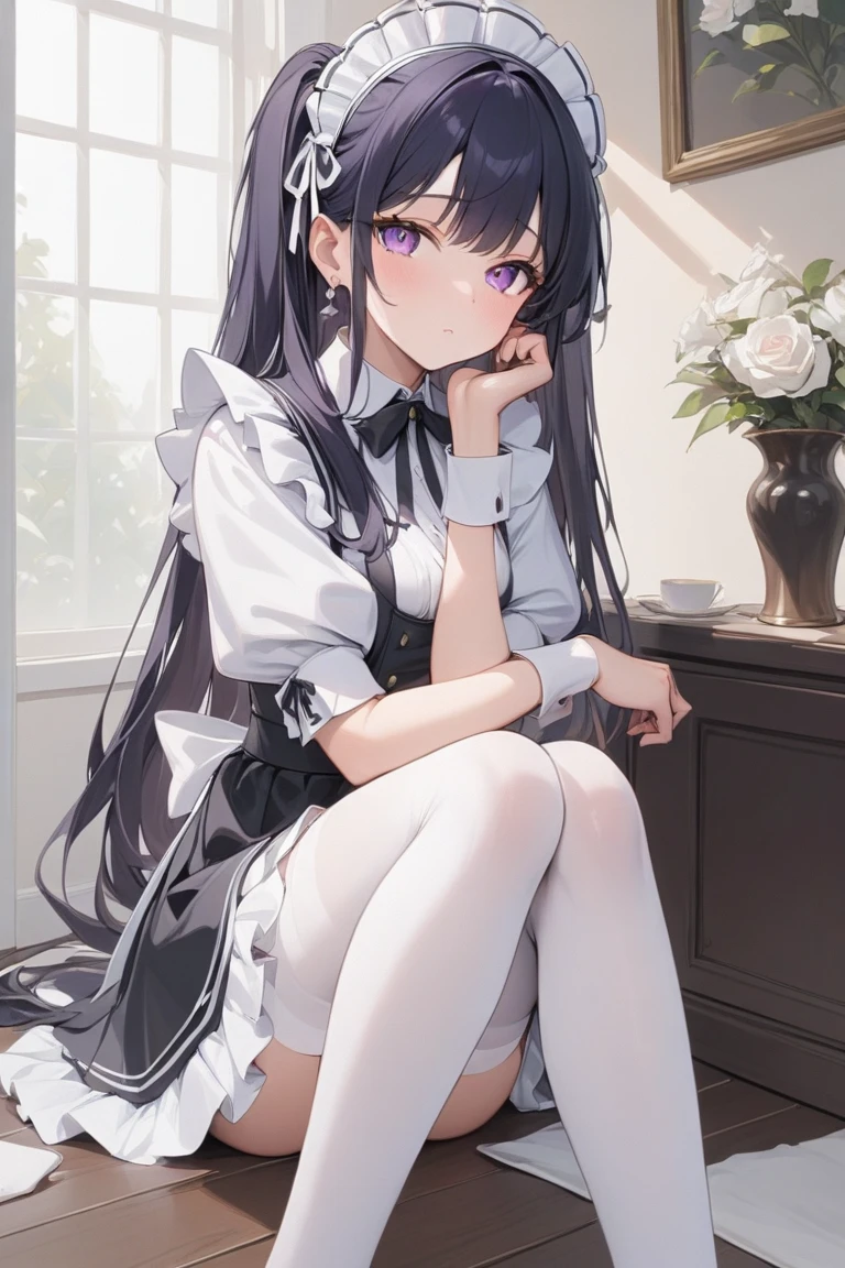 18-year-old boy,cute,Wear the maid outfit and a black work tie,Wear a maid hat,Wear cat ears,Wear black pants,Wear black booties,Wear white gloves,Black hair,Black eyes,blush,sweat,porn pose