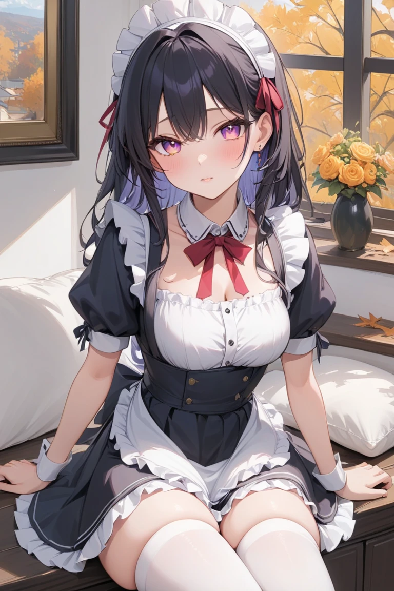 adulto, Cabello negro ondulado, mirada penetrante con ojos profundos de color rojo, estatura promedio, Silky hair with a ponytail hairstyle collected with a red bow with two white lines, tiene pechos grandes, primer plano, session, standing in the middle of his room [[[[Maid]]] , Sonrojada, muslos grandes, maid