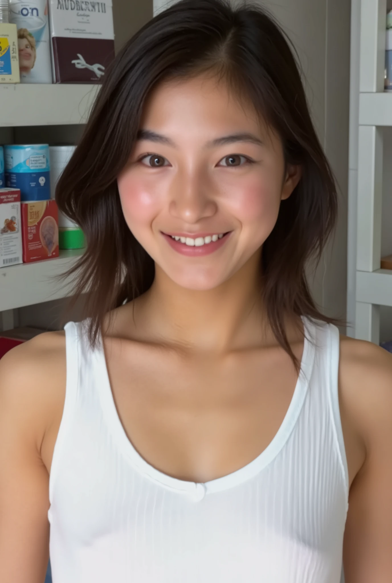 smile:2.0、 (super precise human body structure , best quality 、 RAW photos、8k、32K、masterpiece、 realistic、 Photorealistic:1.37)、images of cute Japanese women removing items from shelves、 tank top、 shot in natural light、 upper body、 1 girl、photo mapping、 Physically Based Rendering、 excellent image quality、 high resolution、1080P、( beautiful face)、( face)、( Detailed description of the handsetter ' muscle area )、( CG Details )、 rich details 、( AMAZING FEATURES :1.35)、( detailed eyes)、I'm looking forward to seeing your eyes、Delicate clavicle、 Mr..々、非常にリアルで詳細な若い女性の upper bodyポートレート。 Beautiful skin 、 頬に柔らかなLight is reflected ています .、 Extremely realistic and detailed upper body portrait of a young woman with fine pores and hair roots、 I can see even the thinnest blood vessels 。The skin is smooth、She has a natural flush to her cheeks 、Healthy glow。 eyes are big, clear blue、虹彩には細かい模 Mr..There is、 Light is reflected 、It's shining in the eye。 I have a slight shadow under my eyes 、 Extremely realistic and detailed upper-body portrait of a、Naturally Curly。 Extremely realistic and detailed upper-body portrait of a young woman with gentle pink lips 、 Smooth texture that gives off a natural glow 、 。 She is wearing a simple white top .、 The background is a pale black and white gradient .、焦点は完全に顔と upper bodyに当たっている。 realistic shadows and textures、 picture-like depiction.。 The nipples are transparent