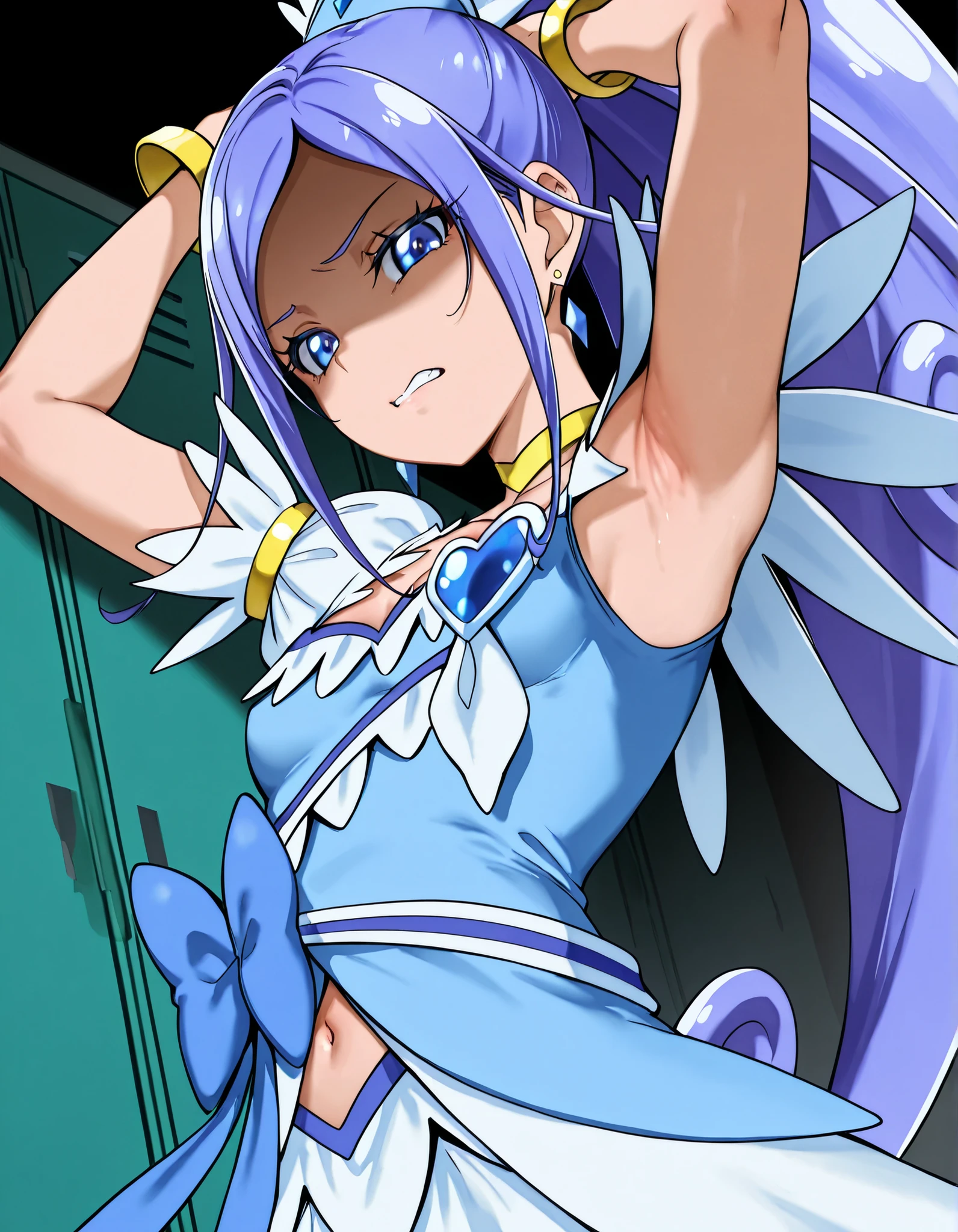 3D, cure diamond,
capelet, gem, blue dress, yellow bracelet, blur ribbon, earrings, cleavage, navel,
Alp,
shaded face, ,(disgistied face:1.2), (glare at viewer:1.1, (narrowed eyes:1.4),\(troubled eyeblows:1.8\), disdaining , (clenched teeth), look down at viewer, masterpiece,absurderes, beautiful detailed face,,looking at viewer,
from side,show armpit from short sleeves,face closeup,
indoor, locker room
