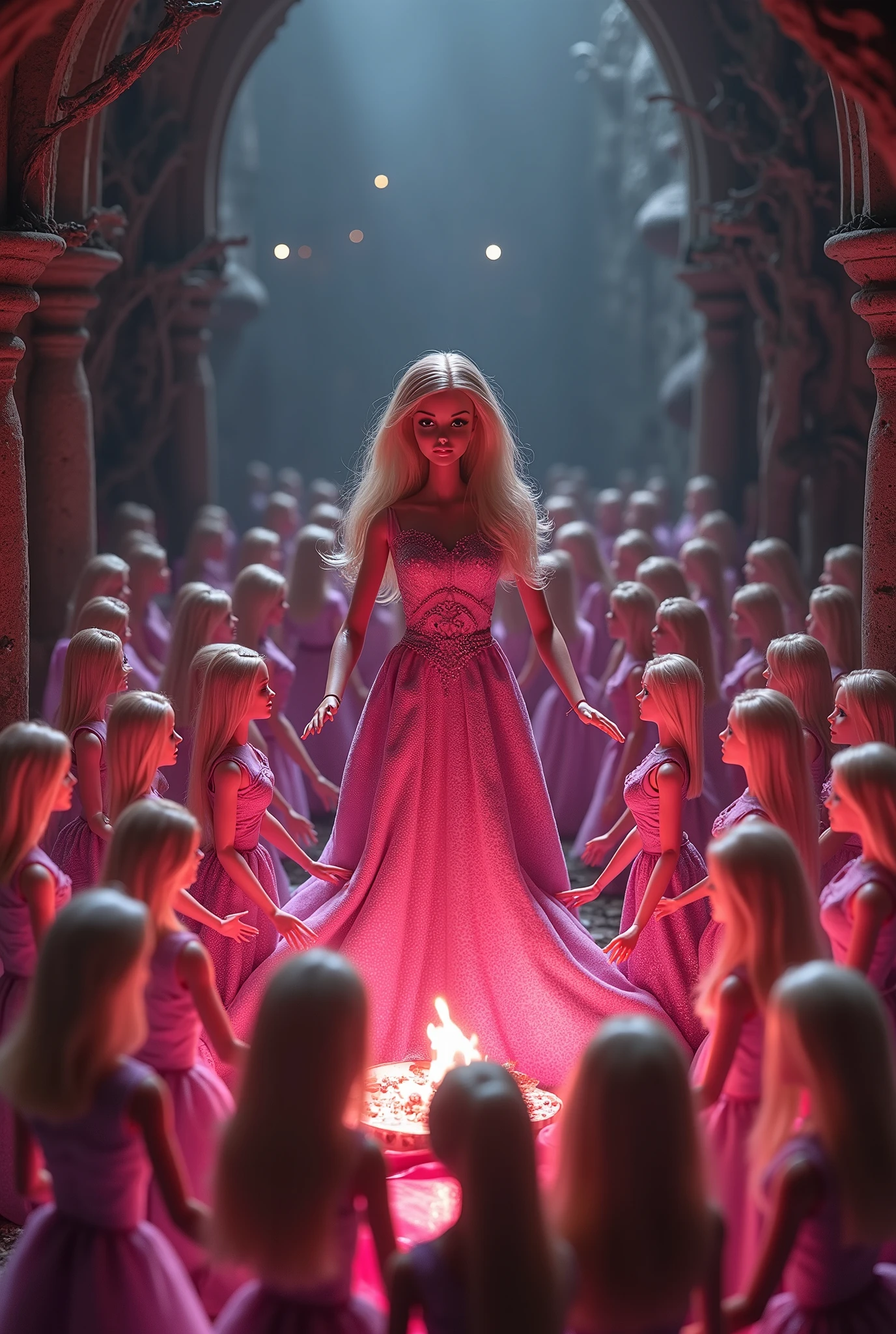 Create a hyper-realistic photograph depicting an altar overflowing with an overwhelming number of Barbie dolls. In the scene, a priestess Barbie is performing a ritual, surrounded by a surreal blend of cuteness and eeriness. The lighting should evoke a cinematic quality, enhancing the enchanting yet unsettling atmosphere of this unique world.