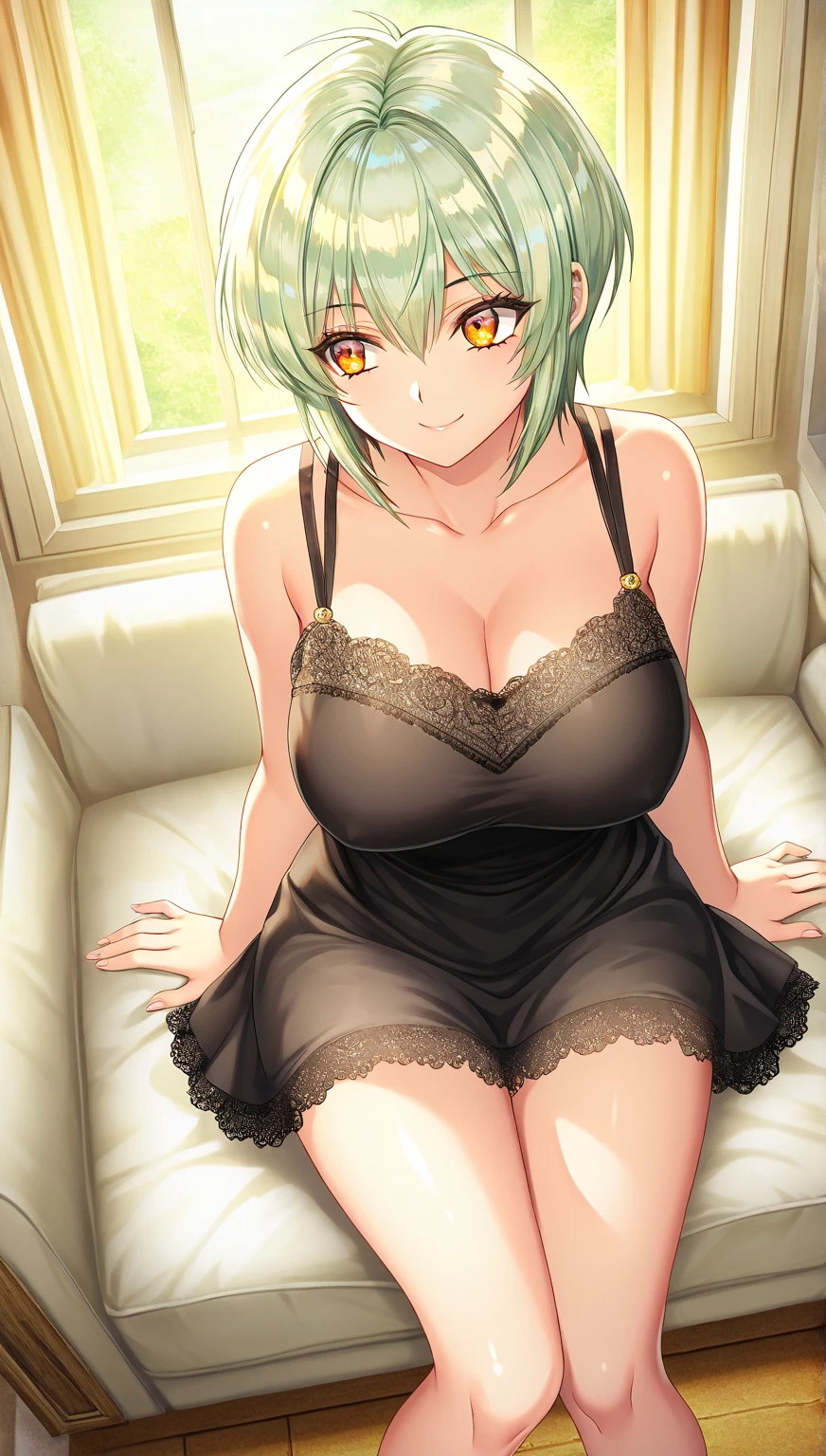 Beautiful young girl is looking at the viewer,1girl,short silky dark black and dark green hair,beautiful green emerald eyes,sexy black Bikini ,sexy black panties,,big breasts,sexy thighs,sexy open leg pose,sexy pose,blushing,smile,bedroom,anime,masterpiece,8k,very high quality,standing pose