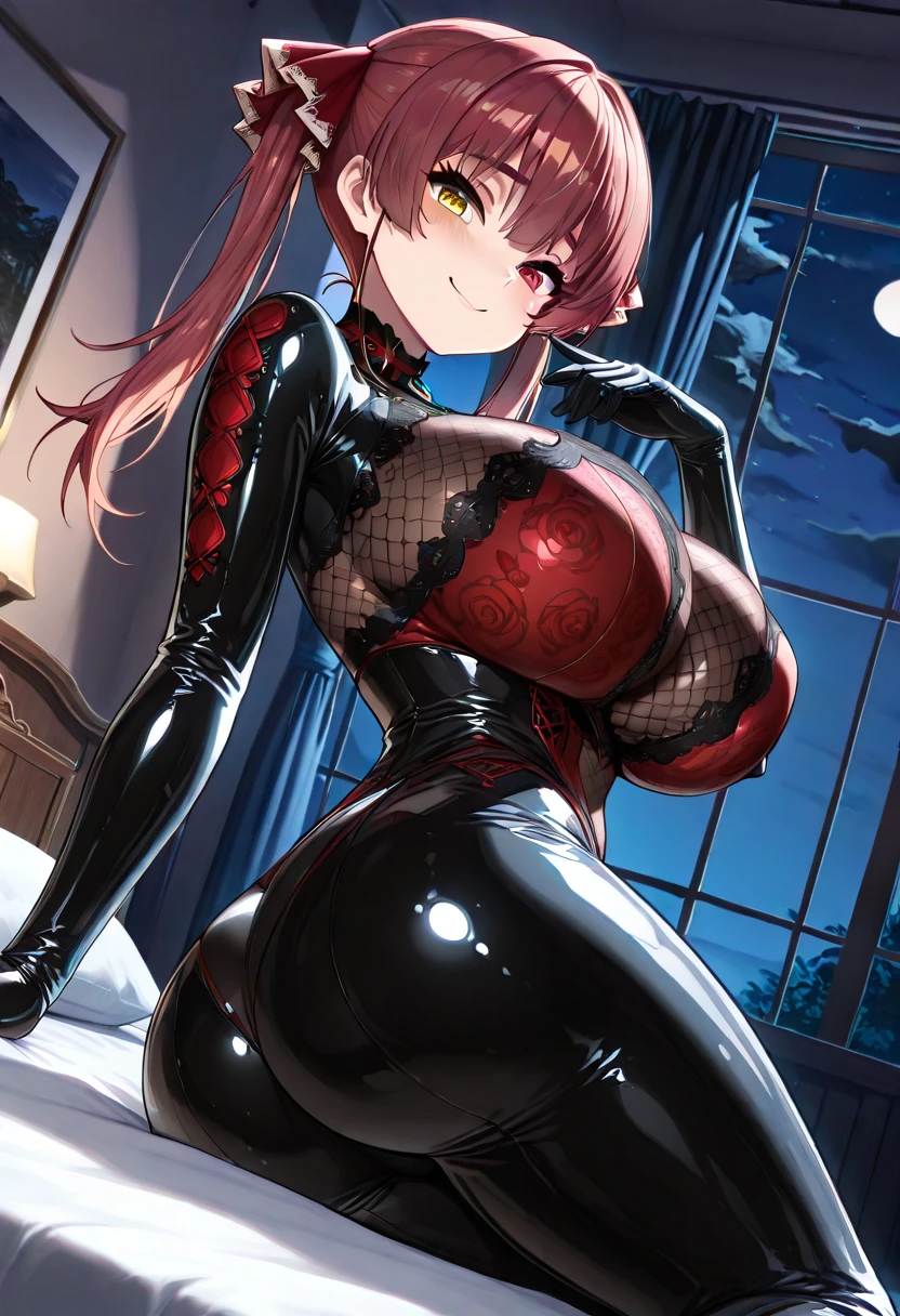 highest quality、Nice sexy body、One Woman、alone、(Beautiful busty woman:1.5)、Medium hair woman、((Woman with dark red hair))、A woman wearing an enamel sailor-style leotard、A woman wearing brown pantyhose、smile、Sexy pose、Camel Toe、Giant tit、Nipple Puffs、Cleavage、Plump、Super big breasts、Super big butt