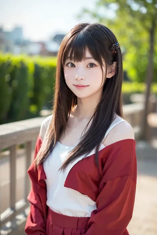 (((8k,Attention to detail,Attention to detail、highest quality,masterpiece,Attention to detail,alone))),RAW Photos & Realistic atmosphere,Beautiful dark eyes,Mouth Details,Glossy Lips,Thin eyebrows,beautiful Eyes、Soft white skin that shines in every detail、Her deep black eyes are very beautiful,Lip details、Very beautiful face,Very beautiful face、A vivid face,beautiful, Glowing Lips,beautiful Eyebrows,Infinite Reality, Realistic Young Gravure Idol,Very cute woman , Young Gravure Idol, Young Gravure Idol, とても美しくてかわいいbeautiful 21 year old beauty,Incredibly beautiful and elegant,beautiful 21 year old beauty,Natural soft light,(Shiny Hair,,beautiful and kind eyes:1.5),A kind smile,Shapely breasts,Long Hair,beautiful posture,No makeup,A little look at the camera,Red Shirt,
