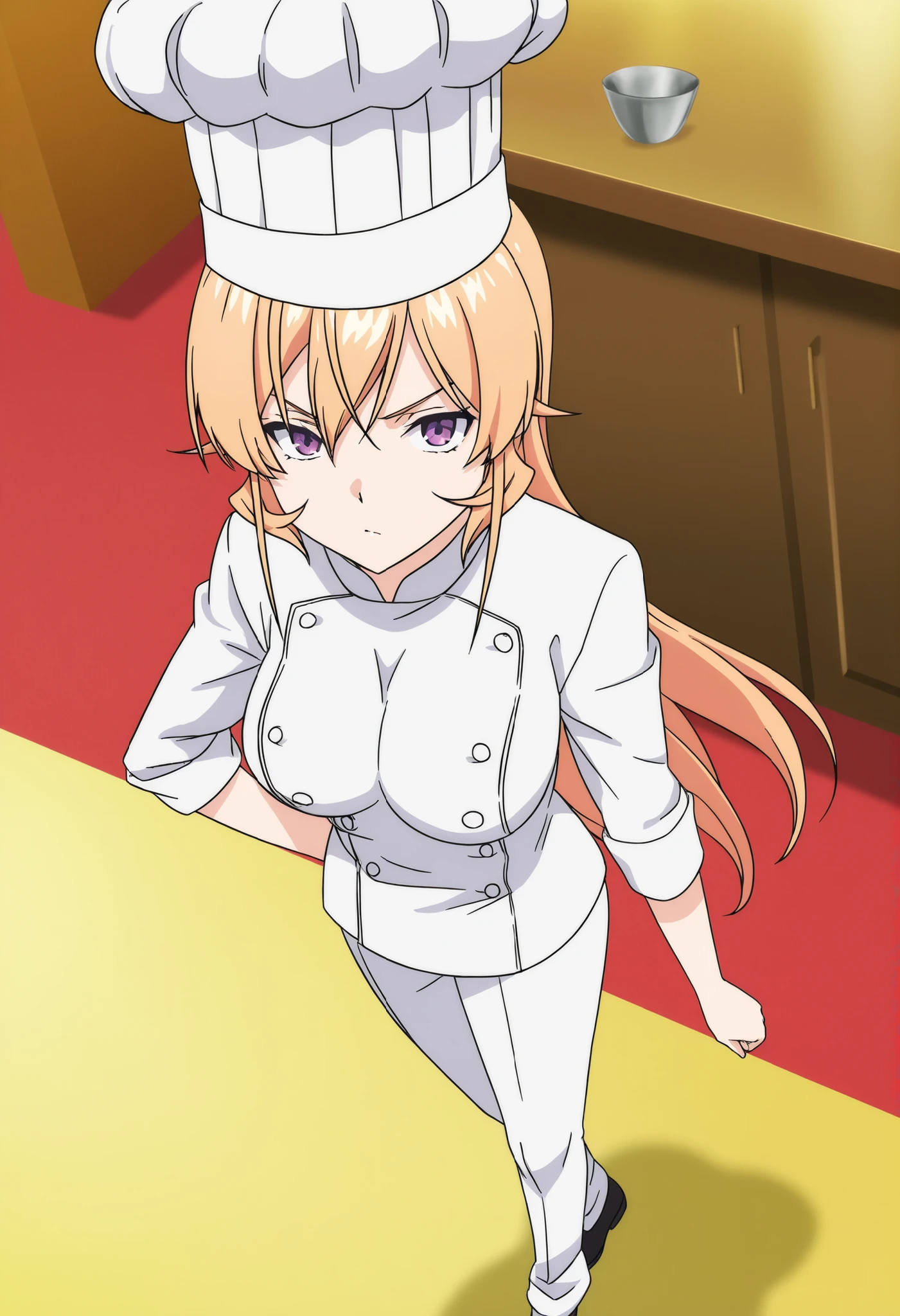 score_9,score_8_up,score_7_up,source anime,anime screencap,anime coloring,masterpiece,best quality,Nakiri Erina, long hair,blonde hair,hair between eyes,purple eyes,chef, chef uniform, buttons, white pants, shoes, chef hat,,, standing.