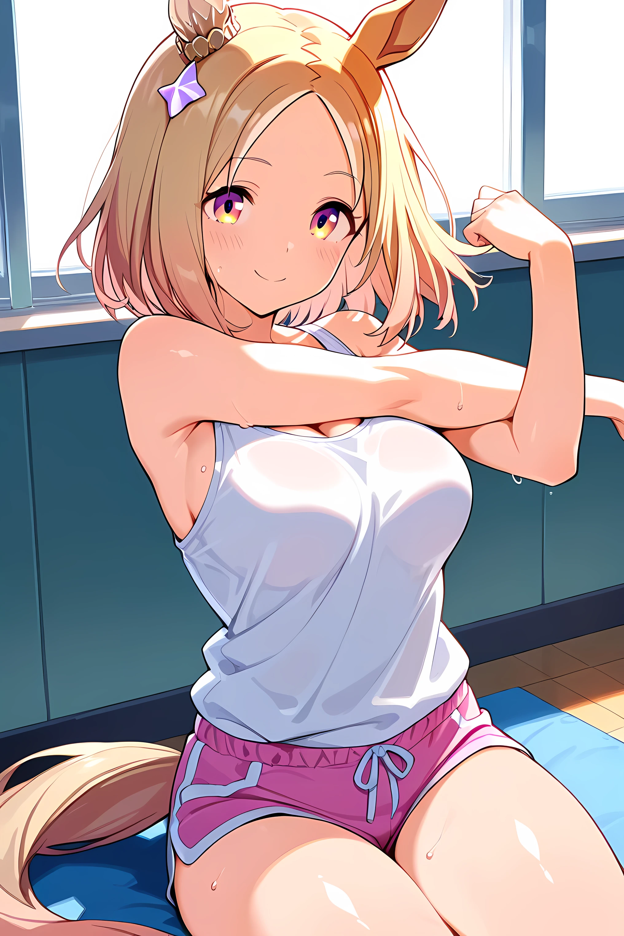 narita top road \(umamusume\),(((masterpiece))),(((detailed)))((best quality)),((hyper detailed)),(beautiful),((shinythighs)),(((shiny skin))),(high quality skin),((8k)),((high resolution)),sitting,sweat,smile,floating hair,closed mouth,light blush,white color tank top ,pink color micro short shorts,Stretching,animegirl
