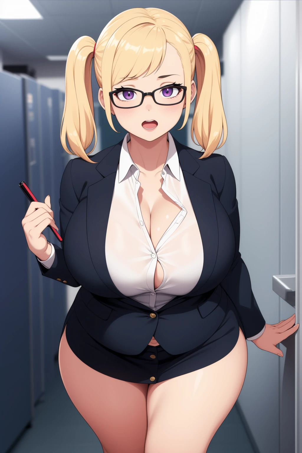 Una sexy chica rubia, vestida con uniforme escolar, caminando alegremente por un barrio peligroso a oscuras.