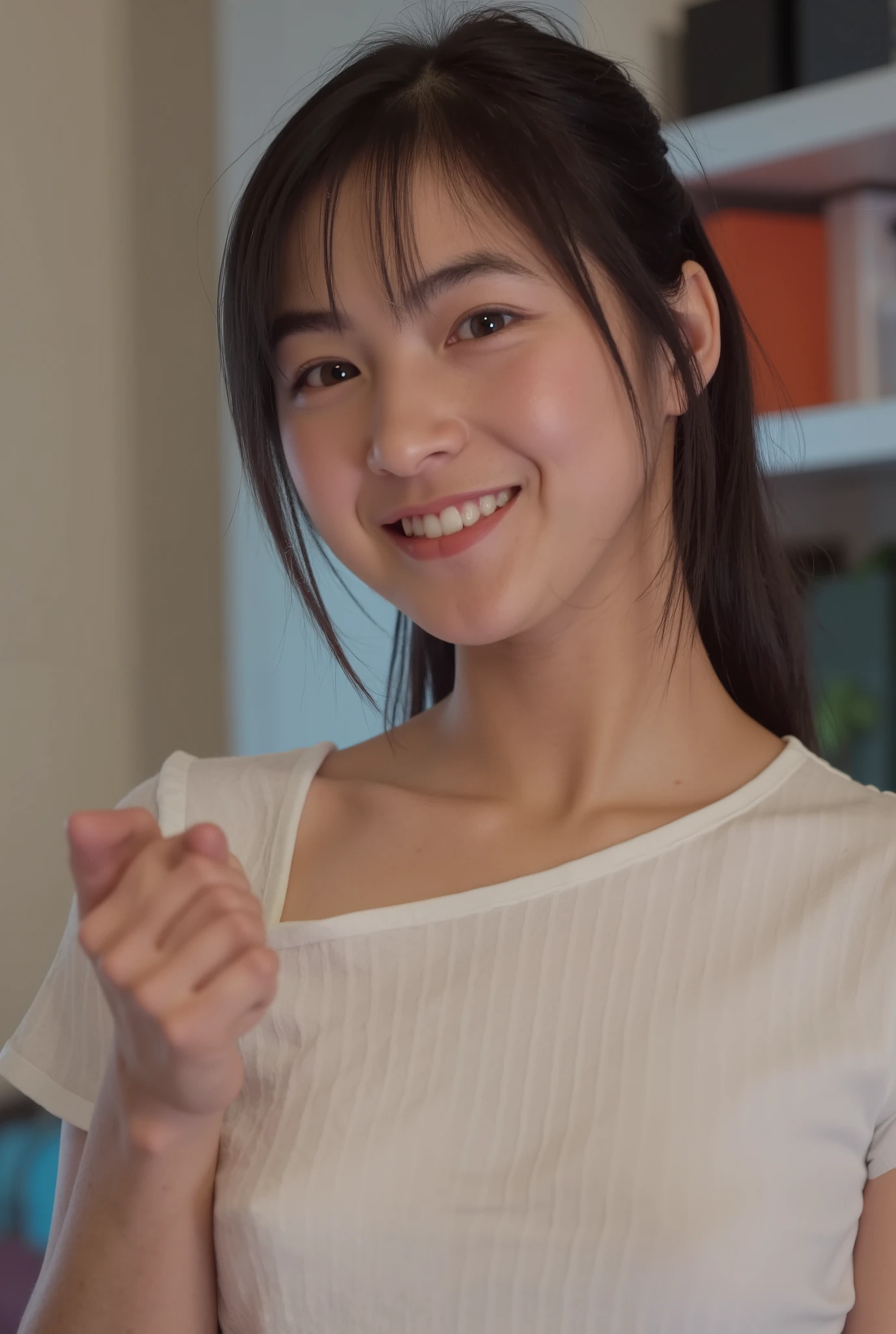 smile:2.0、 (super precise human body structure , best quality 、 RAW photos、8k、32K、masterpiece、 realistic、 Photorealistic:1.37)、images of cute Japanese women removing items from shelves、 tank top、 shot in natural light、 upper body、 1 girl、photo mapping、 Physically Based Rendering、 excellent image quality、 high resolution、1080P、( beautiful face)、( face)、( Detailed description of the handsetter ' muscle area )、( CG Details )、 rich details 、( AMAZING FEATURES :1.35)、( detailed eyes)、I'm looking forward to seeing your eyes、Delicate clavicle、非常にリアルで詳細な若い女性の upper bodyポートレート。 Beautiful skin 、 頬に柔らかなLight is reflected ています.、 Extremely realistic and detailed upper body portrait of a young woman with fine pores and hair roots、 I can see even the thinnest blood vessels 。The skin is smooth、She has a natural flush to her cheeks 、Healthy glow。 eyes are big, clear blue、There is a fine pattern on the iris Mr. .There is、 Light is reflected 、It's shining in the eye。 I have a slight shadow under my eyes 、 Extremely realistic and detailed upper-body portrait of a、Naturally Curly。 Extremely realistic and detailed upper-body portrait of a young woman with gentle pink lips 、 Smooth texture that gives off a natural glow 、 The background is a pale black and white gradient、焦点は完全に顔と upper bodyに当たっている。 realistic shadows and textures、 picture-like depiction.。 The nipples are transparent