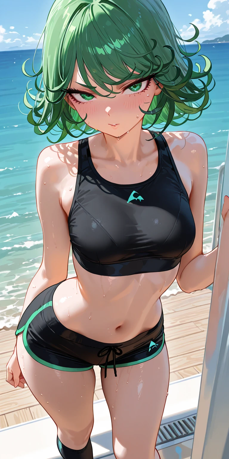Green hair, folded ponytail, fine eyes, green eyes, masterpiece, sweat, soaked, best quality, hi-res, solo, wicked grin, ass facing you, running action and elegance, white sports short shorts, wet pants, white running shirt, wet shirt, sleeveless, braless, big, park, outdoor (en bikini) ("camisa mojada y de frente de la cámara") (en bikini ) (" mostrando tetas")( "su bikini transparente ")(( sin ropa interior)) (*tocandose una teta*)(("bikini pequeño más pequeño y trasparente")) (("posé sexy sacando la lengua"))  ((" en bikini blanco trasparente")) 