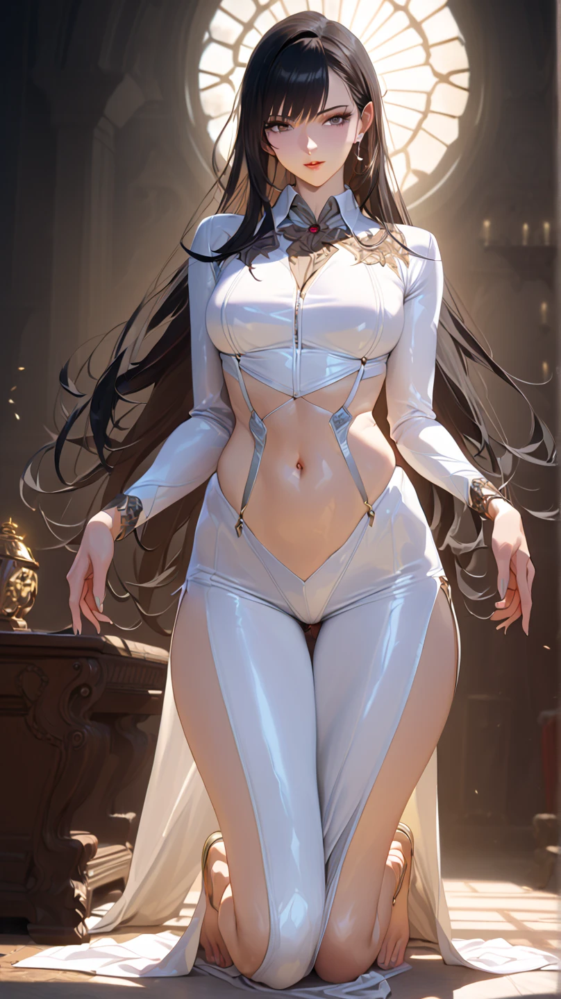 Beauty tights。Beautiful Face。big eyes,Long eyelashes。High nose bridge。Beautiful clavicle。White and tender skin,Pointed chest。Thin waist and hips。Long legs and beautiful feet。Thighs exposed。Exposed shoulders。High resolution,Professional Lighting。High Detail。