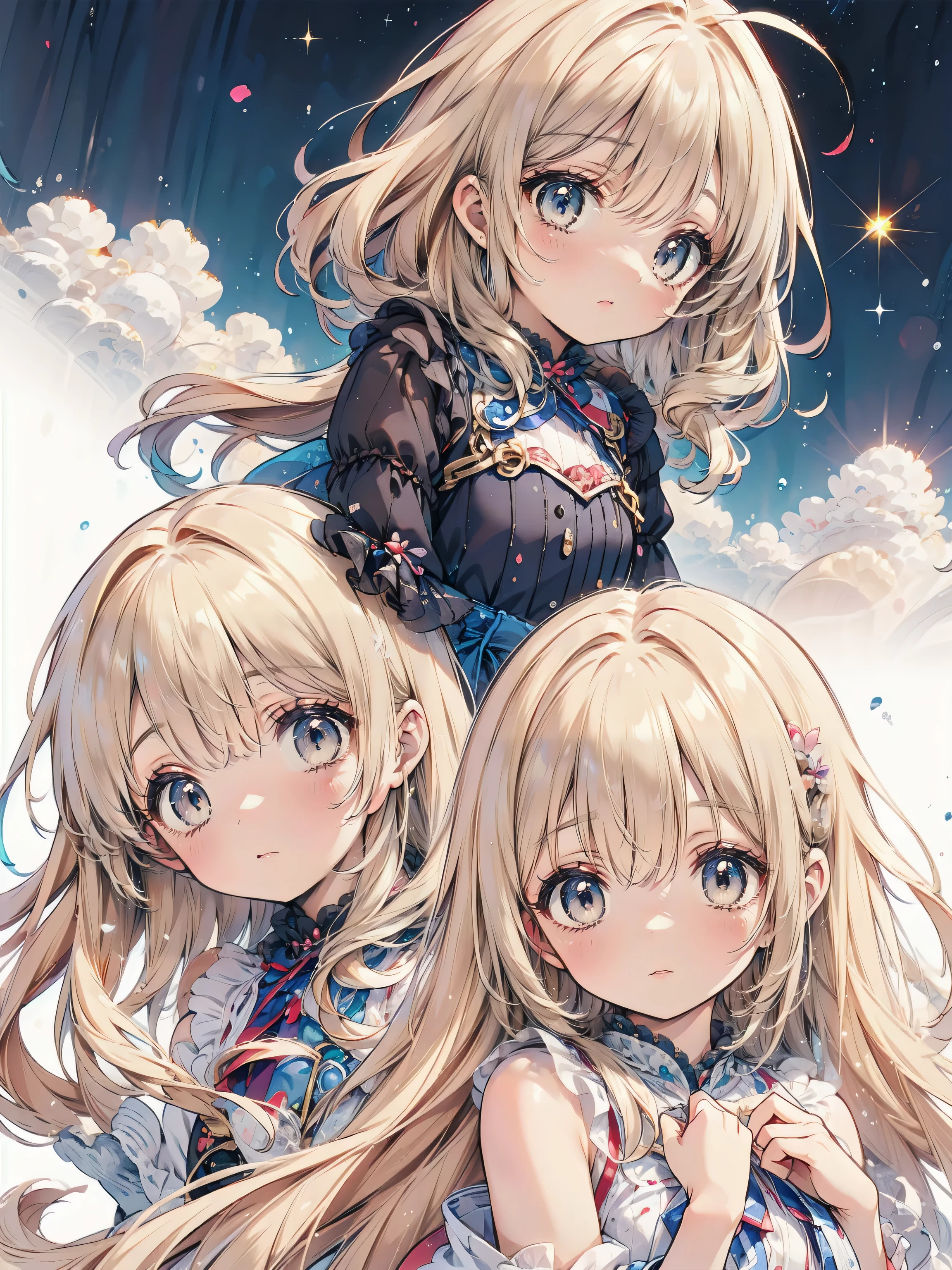 Dots are、明るいピンクの頬、she has chin-length, curly, golden blonde hair with wavy bangs.、she'dark-skinned girl, she is wearing a bright red headband with a ribbon on the right side of her head.. Dots are、she wears a shiny pastel blue and scarlet red dress with a small ribbon belt around her waist。, white collar, 4 crimson buttons, Bright red lining. sheのドレスの下には赤と淡いブルーのチュールスカートがある.. she also、Red top with white socks、she is wearing carnation pink high-top sneakers with bright red shoelaces, Shine; glitter, , （1girl),