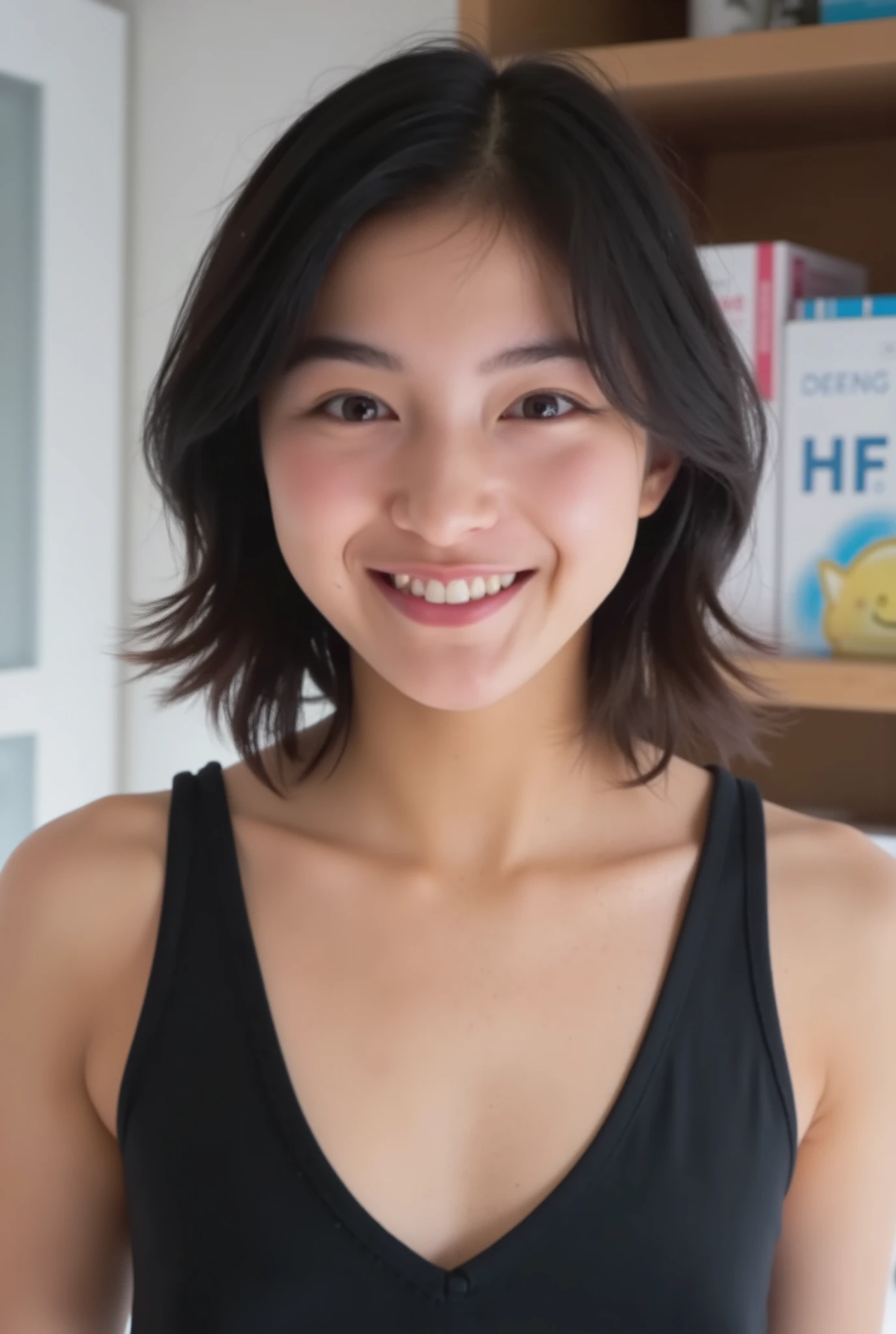   smile:2.0、 (super precise human body structure  ,  best quality 、 RAW photos、8k、32K、masterpiece、 realistic、 Photorealistic:1.37)、images of cute Japanese women removing items from shelves、 tank top、  shot in natural light、 upper body、 1 girl、photo mapping、 Physically Based Rendering、 excellent image quality、 high resolution、1080P、( beautiful face)、(  face)、( Detailed description of the handsetter &#39; muscle area )、( CG Details )、  rich details  、( AMAZING FEATURES :1.35)、( detailed eyes)、I'm looking forward to seeing your eyes、Delicate clavicle、非常にリアルで詳細な若い女性の upper bodyポートレート。 Beautiful skin 、 頬に柔らかなLight is reflected ています.、 Extremely realistic and detailed upper body portrait of a young woman with fine pores and hair roots、 I can see even the thinnest blood vessels 。The skin is smooth、She has a natural flush to her cheeks 、Healthy glow。 eyes are big, clear blue、There is a fine pattern on the iris Mr. .There is、 Light is reflected 、It's shining in the eye。  I have a slight shadow under my eyes  、 Extremely realistic and detailed upper-body portrait of a、Naturally Curly。 Extremely realistic and detailed upper-body portrait of a young woman with gentle pink lips 、  Smooth texture that gives off a natural glow 、 The background is a pale black and white gradient、焦点は完全に顔と upper bodyに当たっている。 realistic shadows and textures、 picture-like depiction.。 The nipples are transparent
