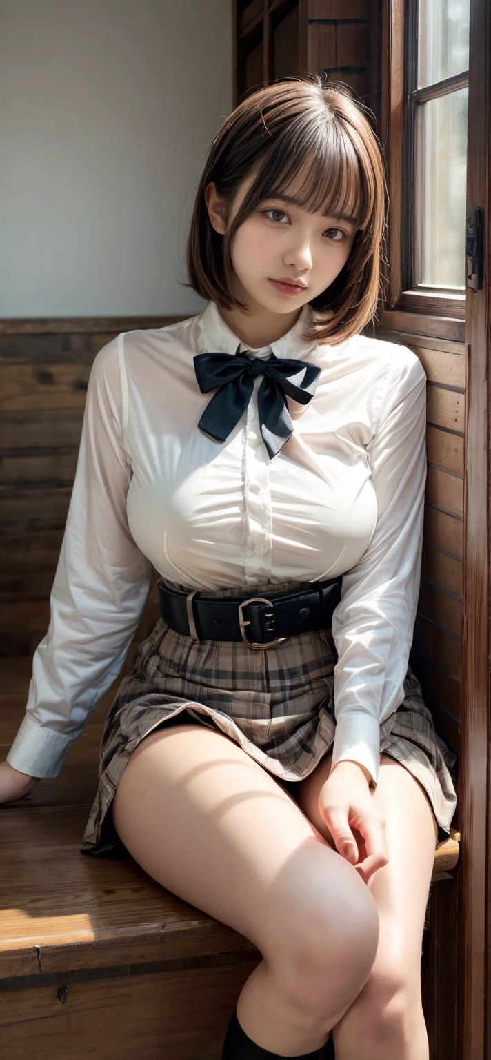 (Big saggy breasts: 1.2), slender body, brown hair、dull bangs、((straight hair))、sexy maid outfit、frilly maid headband、apron mini skirt、knee high socks with frills、(Tight long satin gloves)、Fair skin、sexy pose、fantastic night city、A cafe crowded with people、cute smile, ((lift up the hem of the skirts:1.2))