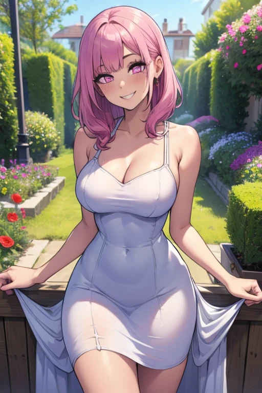 1 girl, 1, Long pink hair, green eyes , master-piece, best quality, (standing up), (short dress), (floral, spaghetti strap, short white summer light pink dress), (Big , ultra gigantic , Super super big, Glamorous body), Make eye contact with the camera, front figure, looking forward, (light_Smile:1.5), (Detailed hands and fingers:1.2) (In the sunny park), (FULL BODYSHOT), thighs thighs thighs thighs、beauty legs、Bare legs