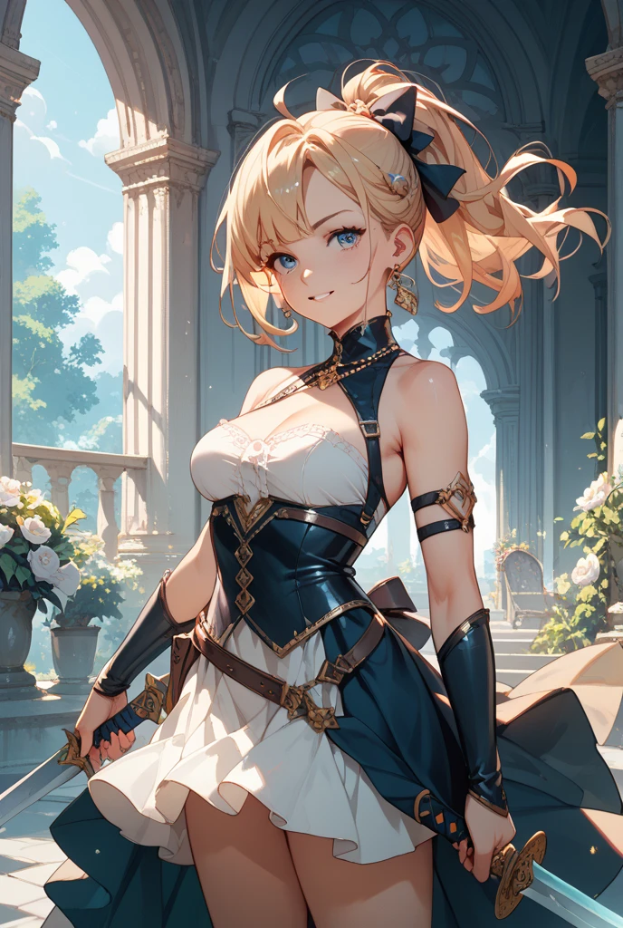((best quality)), ((masterpiece)), ((realistic)), anime character, Ais Wallenstein, wearing armor, thigh-high white dress underwear, blue above-knee socks, boots, sweet look, wielding a samurai sword, beautiful young woman, blonde, yellow eyes, in combat position, looking at the viewer, in the background a large castle, original, extremely detailed 8K, (photorealistic: 1.4), full body,
