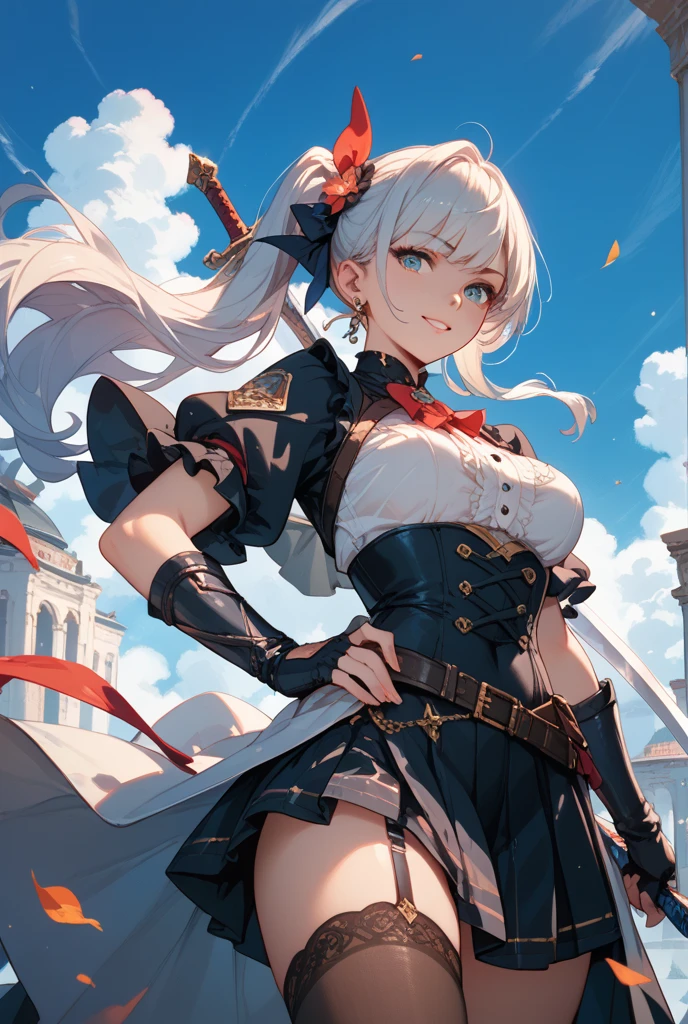 ((illustration of princess Knight at battle field), Masterpiece, best quality, (absurdres)), ((highres)), (ultra-detailed:1.3), (cowboy shot:1.3), (1 girl:1.3), character focus, BREAK, (wearing a platinum knight armor with a pleats skirt), BREAK, blonde hair:1.3, pony-tail hair with blue hair ribbon, (large breasts:1.37, disproportionate-breasted:1.27), slender, abs, clean face, detailed beautiful face, (beautiful anime waifu face:1.3), full-face blush, sweat, fog, steam, early morning battle field background, random posing, detailed eyes, detailed arms, detailed hands, detailed figures, detailed body, sharp focus, centered image.