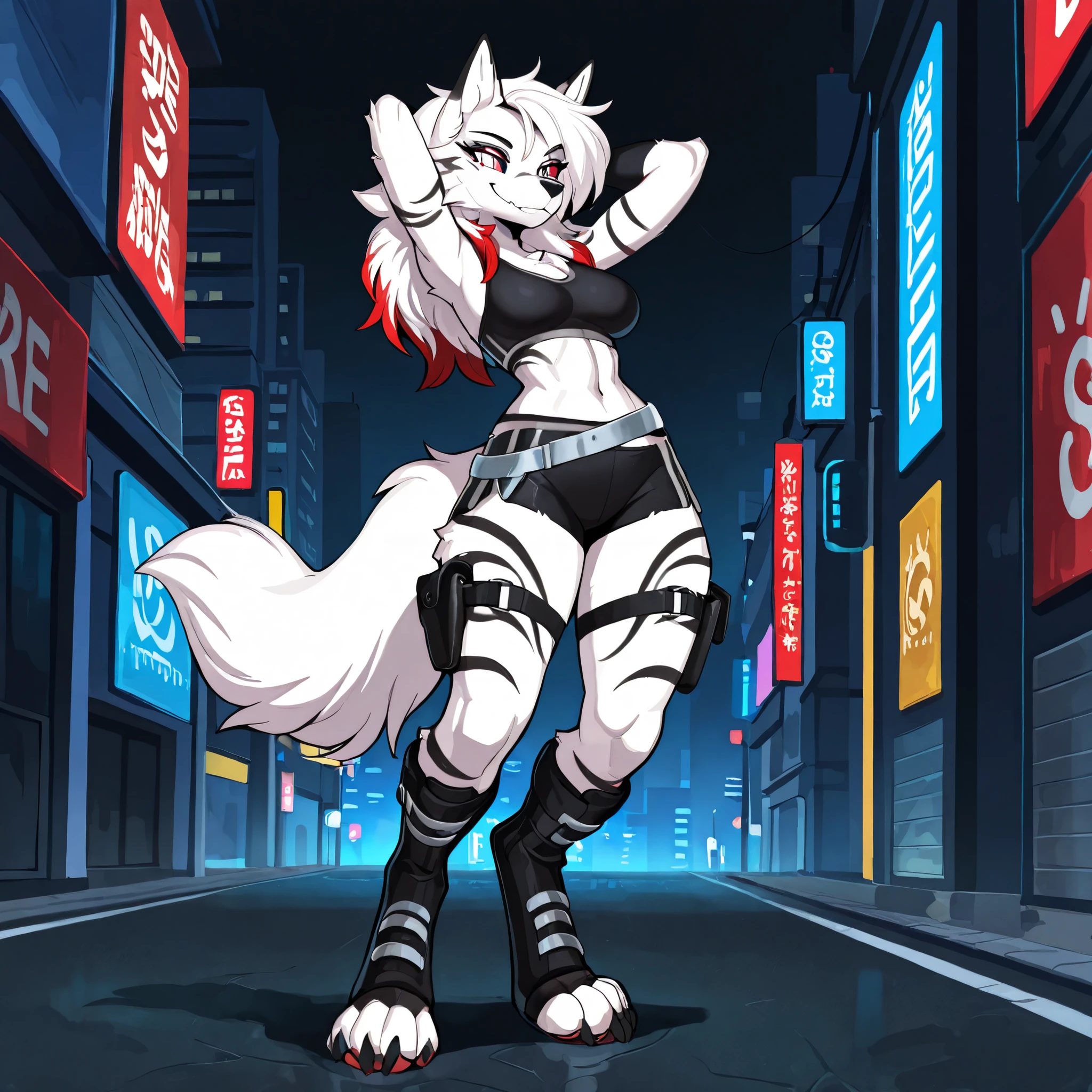 Anime style, masterpiece, best quality, full body picture, centered, three-quarters view, 1girl, PLHighwire, furry, tall, anthro, female white wolf, digitigrade legs, white fur covered body, black toeless boots, calf length boots, boots with straps, black sports bra, medium breasts, white eyes, red sclera, small smile, big city background, white face, black facial markings, white tail with red tip, red ears with white fur, long white hair with red highlights, knee length black shorts, wearing dual holsters, wearing a silver belt, (standing pose), (black tigee stripes on legs, black tiger stripes on arms)