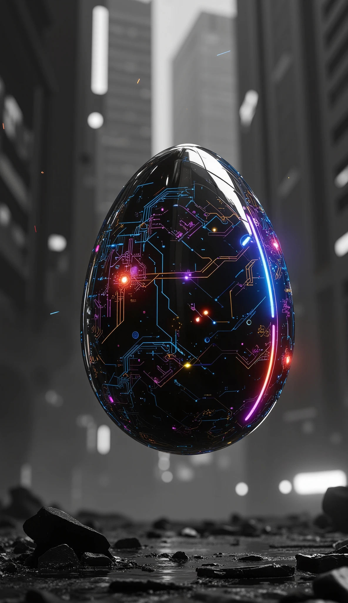 A smooth, glossy black egg made of metal and glass floats above a monochrome futuristic city. The egg’s surface features vivid, three-dimensional glowing circuit patterns in neon blue, magenta, red, and yellow, crisscrossing intricately. Light particles and sparks occasionally pulse from the circuits, and a soft radiant energy glows from within the egg. The background city remains entirely grayscale, making the neon-lit egg the sole vibrant focal point. Cyberpunk atmosphere, sleek composition, ultra-detailed high-resolution CG art style.