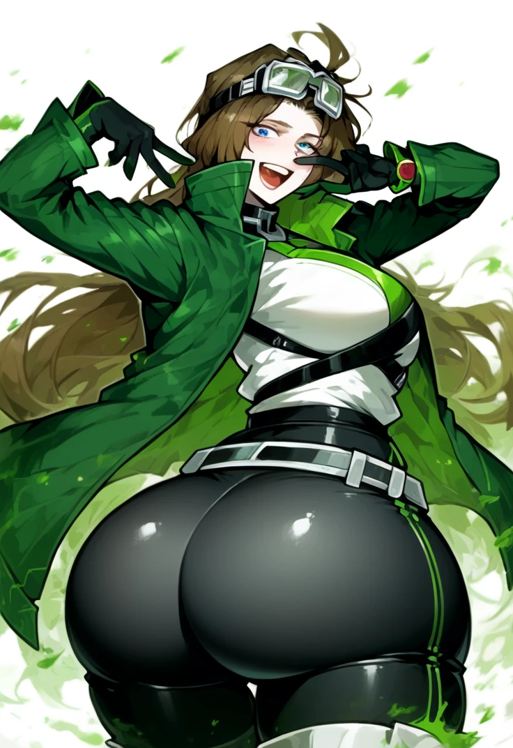 A woman with glasses and long messy brown hair wearing a green scarf wearing a sexy latex suit with big breasts and a big ass showing her vagina with her legs open