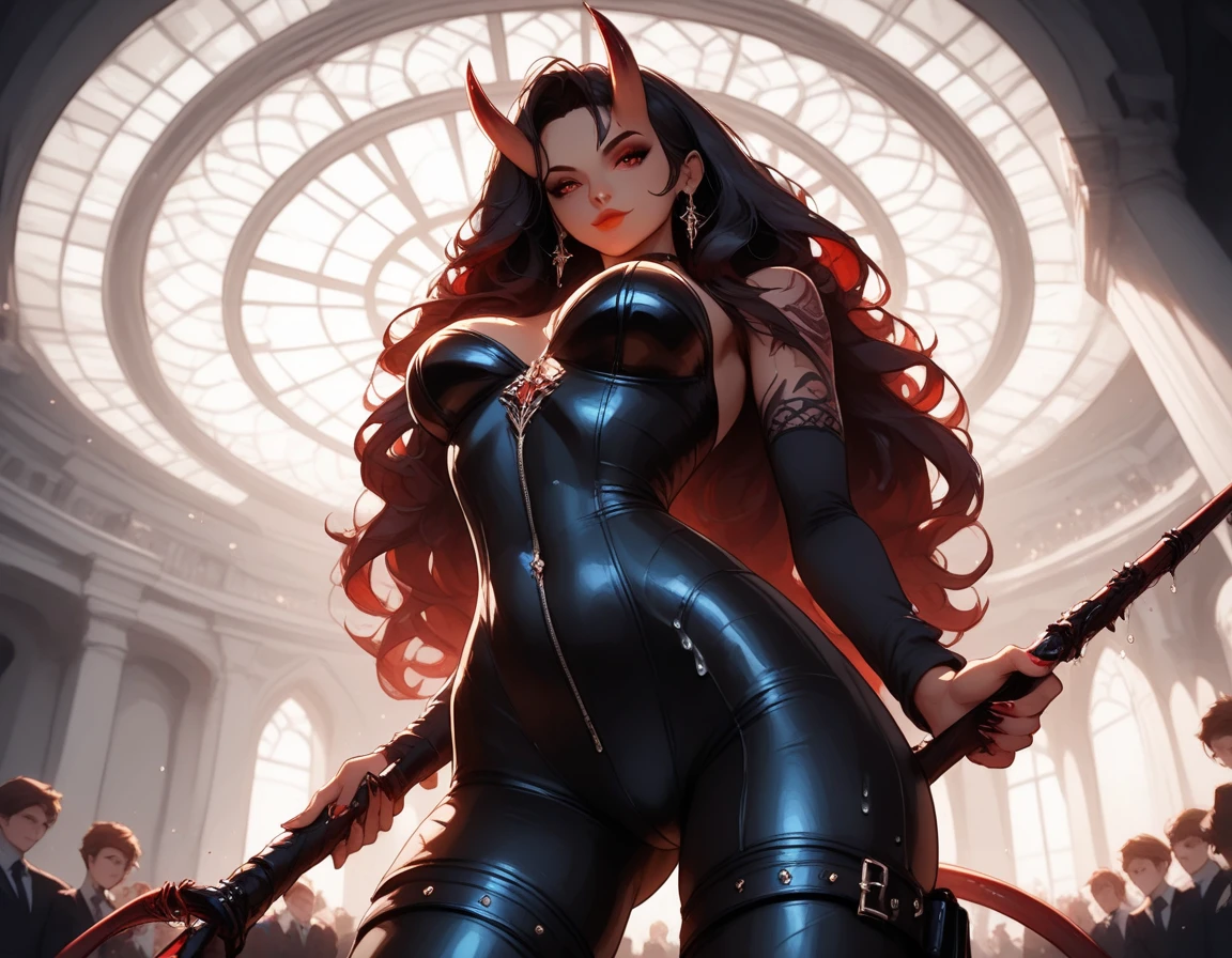 arafed woman in a red suit holding a red cane with a skull, tiefling, beautiful succubus, beautiful elegant demon queen, succubus, succubus | medieval, demon girl, tiefling female warlock, diablo 4 lilith, white horns queen demon, androgynous vampire, portrait of a female demon, demon anime girl, extremely detailed artgerm, dark skin, cleavage, large breasts