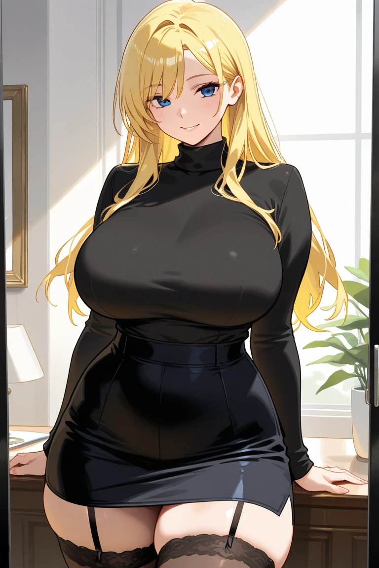 (masterpiece, highres, best quality:1.2), 8K, highly detailed, intricate, colorful, vibrant image, sharp focus, cinematic) blonde hair, long hair, green eyes, body builder (Wearing black business outfit, black_collared shirt cropped jacket ,tie,necktie,black frilled skirt, garter straps, leather waist belt) (big perfect round breasts,hourglass body, (gigantic breasts breasts 1.6),thin waist,very thin waist, Photo realistic,(hyperrealistic:1)beautiful, masterpiece, best quality, extremely detailed face,perfect face,beautiful face, perfect lighting,detailed eye makeup, detail face, nice detailed eyes,nice hands, perfect hands,glowing eyes (realistic pupils,realistic iris:1) heavy eye makeup,(empty Casino)(Posing dynamically)