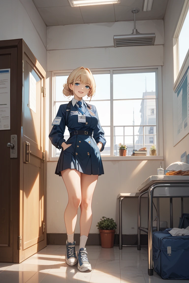 1 female, alone, nurse, nurse cap, white clothes, ((white legwear, zettai ryouiki)), white gloves, blonde hair, blue eyes, pink lips, smile, Are standing, ((hospital room)), sharp outline, short sleeve, mature woman, 35 years old, highest quality, masterpiece
