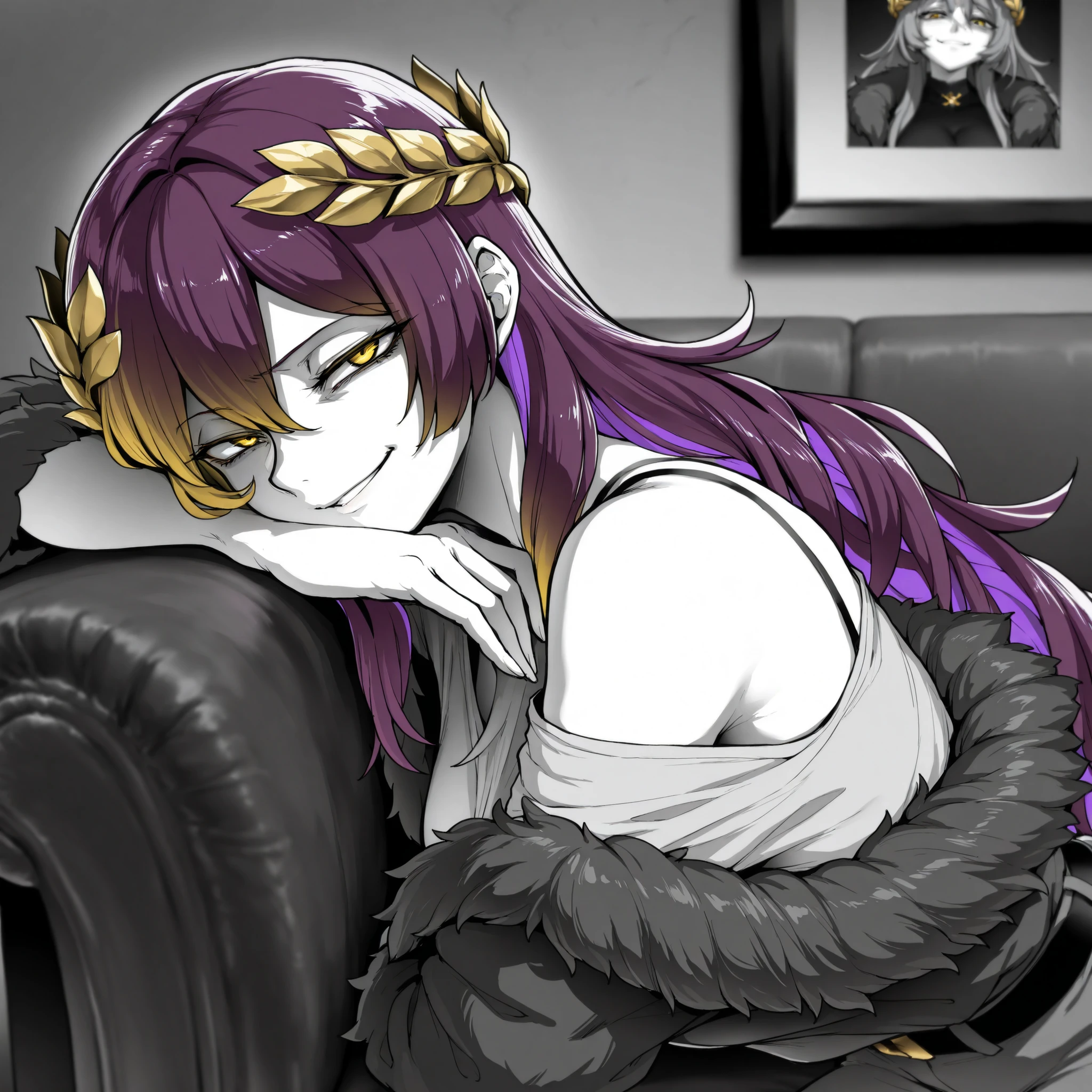 masterpiece, best quality, amazing quality, very aesthetic, high resolution, ultra-detailed, absurdres, (hands:-0.22),
1girl, woman, solo, mature woman, (looking at viewer, portrait, medium shot:1.19), LineAniAF, monochrome, greyscale, ebiblue, (coloured eyes, narrow eyes, smug smirk:1.01),  (seeledef:0.83),hair between eyes, exposed shoulders, golden eyes, very long hair, loose jacket, fur rim jacket ,multicolored hair, golden hair, purple hair, laurel crown, loose t-shirt, belt, chains, wallpaper, resting on a sofa, photo model, photoshoot,
BREAK, depth of field, volumetric lighting
 