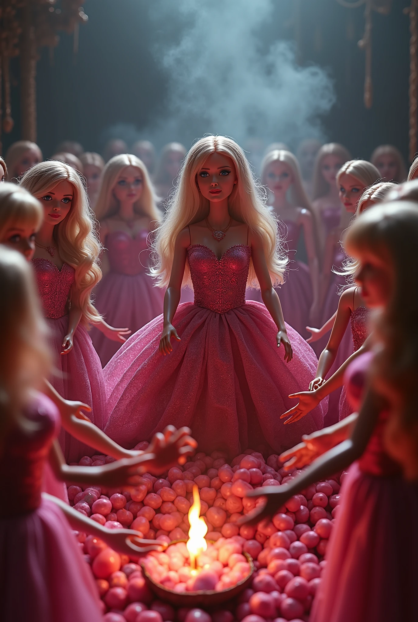 Create a hyper-realistic photograph depicting an altar overflowing with an overwhelming number of Barbie dolls. In the scene, a priestess Barbie is performing a ritual, surrounded by a surreal blend of cuteness and eeriness. The lighting should evoke a cinematic quality, enhancing the enchanting yet unsettling atmosphere of this unique world.
