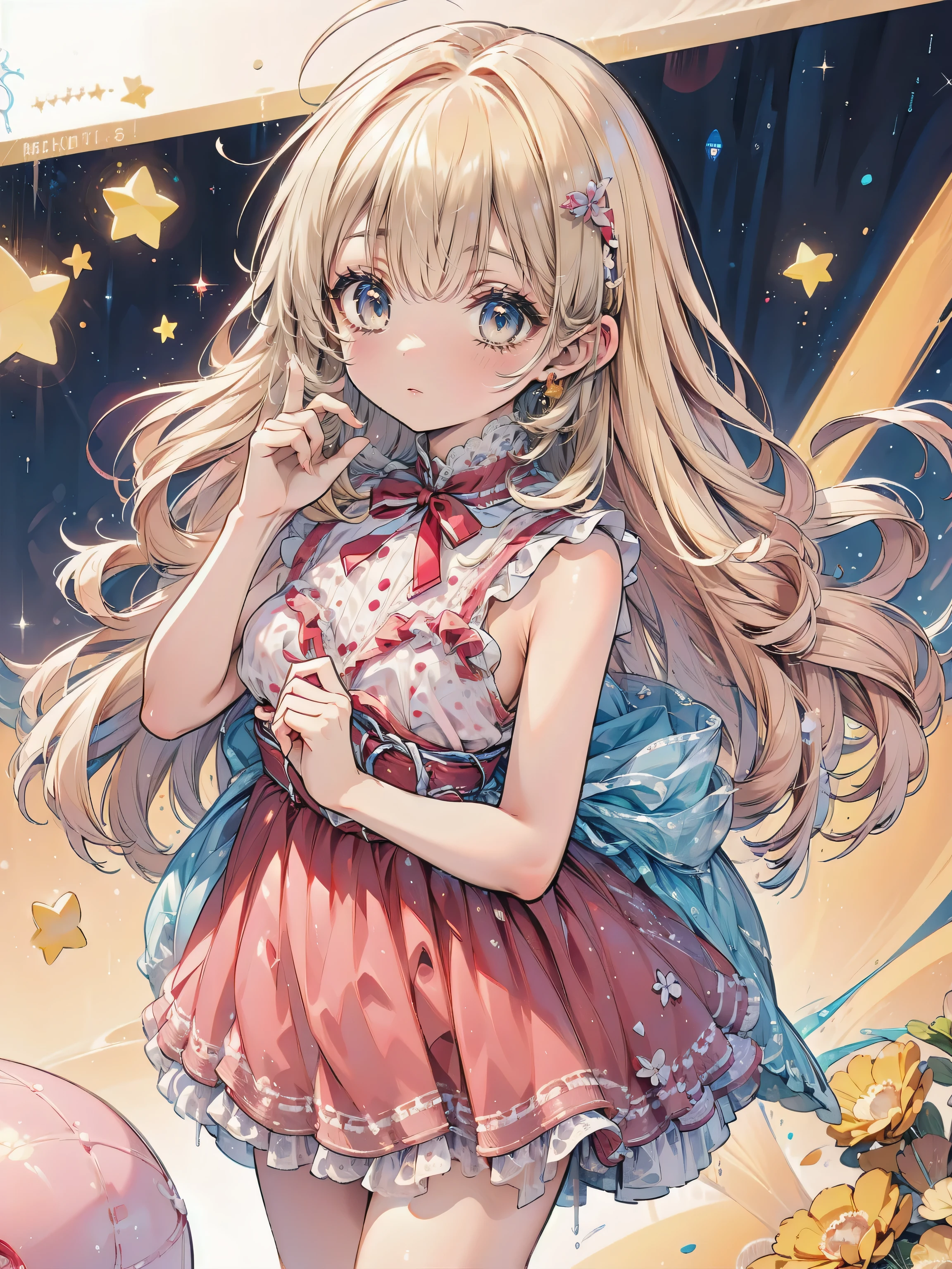 Cute characters、(((Highest quality、Masterpiece、Super detailed、S composition、X Composition、Triangular composition、Square Composition)))、Draw plumeria flower、I look up at the starry sky。Surround her with colorful nebulae and colorful forests。pink、light blue、Blue fantastic light source background、glitter