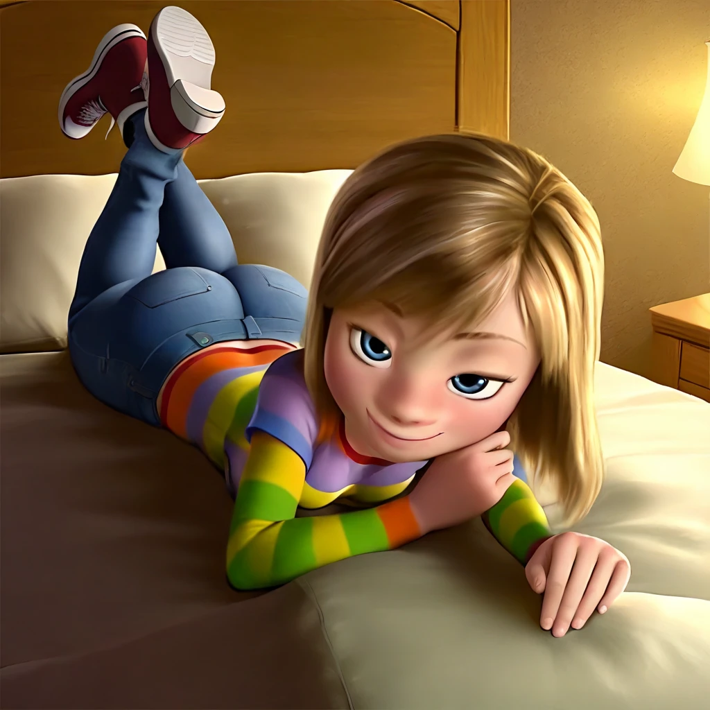 ((masterpiece, best quality)), award winning, 4k, 8k, simple background, photography, visible face, (one girl), 20 years old,
Teenage girl with a cheerful and playful demeanor. She has long, straight hair, a simple white plain t-shirt and denim. lying in bed, taking selfie with Iphone attentively. Pixar Character.