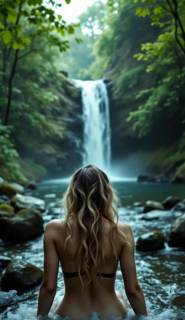 A woman named "LaGermania" gazes in awe at a majestic waterfall.
LaGermania, with a sense of wonderment, gazes in awe at a majestic waterfall cascading down from towering cliffs above. The waterfall plunges into a crystal-clear pool below, sending up a misty spray that catches the sunlight and creates shimmering rainbows in the air. LaGermania stands at the water's edge, her face bathed in the cool mist as she marvels at the sheer power and beauty of nature. The roar of the waterfall fills the air, drowning out all other sounds and enveloping her in a cocoon of sound. Surrounding the waterfall, the lush greenery of the forest teems with life, from the delicate ferns that cling to the rocks to the towering trees that reach towards the sky. Birds sing in the treetops, their melodic tunes adding to the enchanting ambiance of the scene. LaGermania feels a profound sense of peace and reverence wash over her as she stands in the presence of this natural wonder, humbled by its majesty and grandeur.