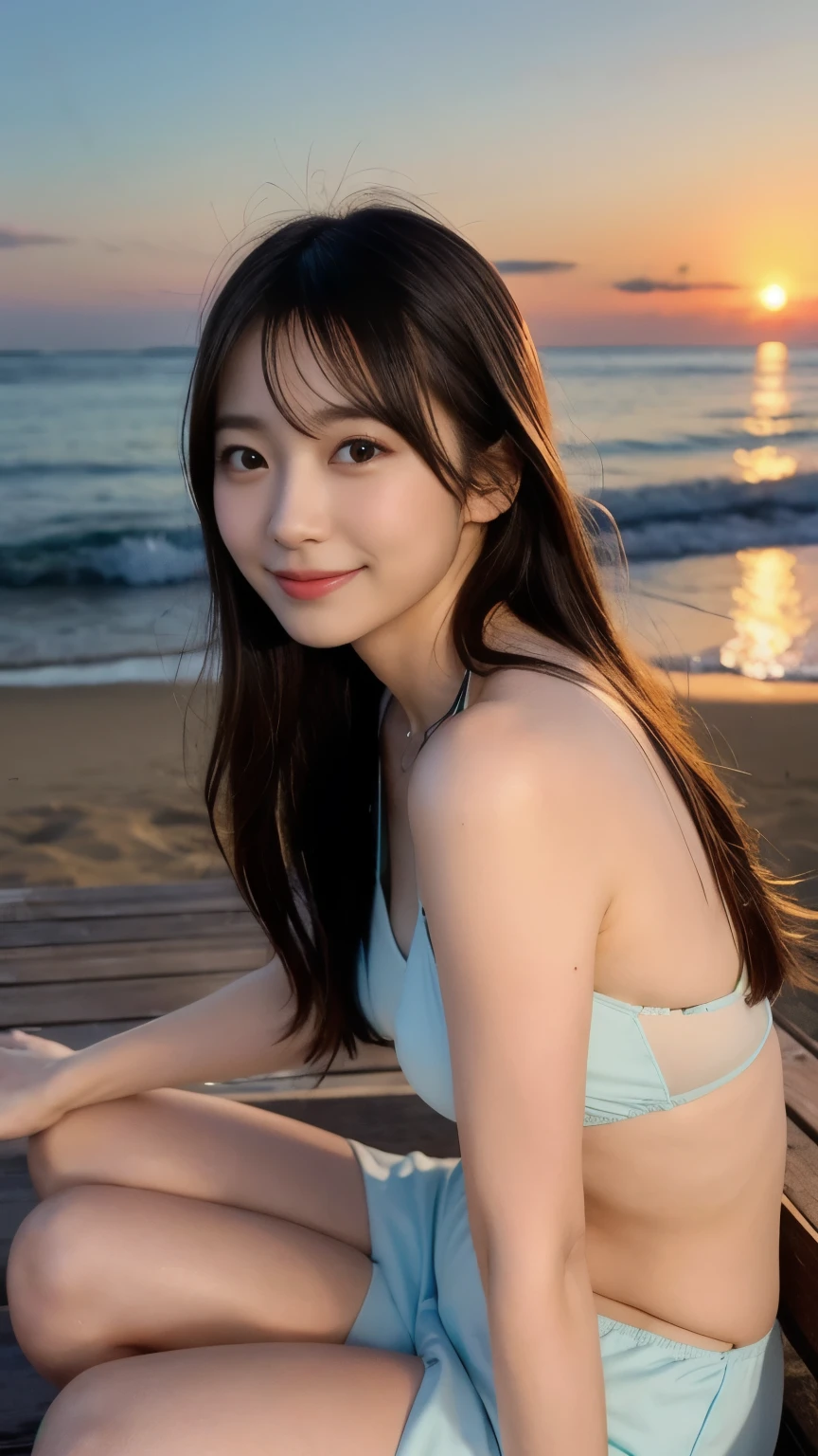 Create a high-quality, hyper-realistic portrait of a very beautiful Japanese idol. She is wearing a clean white summer dress and is squatting on the beach during sunset at sea. The deep indigo of the night sky contrasts with the last vestiges of crimson near the horizon, with swaying waves in the background. The girl has semi-long hair and a slender body with small breasts. The photo should capture her with detailed eyes, a detailed face, and a beautiful, sophisticated nose. The image should have a realistic, delicate, and finely detailed quality, suitable for a fashion magazine cover. Use cinema lighting and soft light to enhance her features. Ensure the photo is of the highest quality, with a resolution of 8K, making it perfect for a 2K wallpaper.