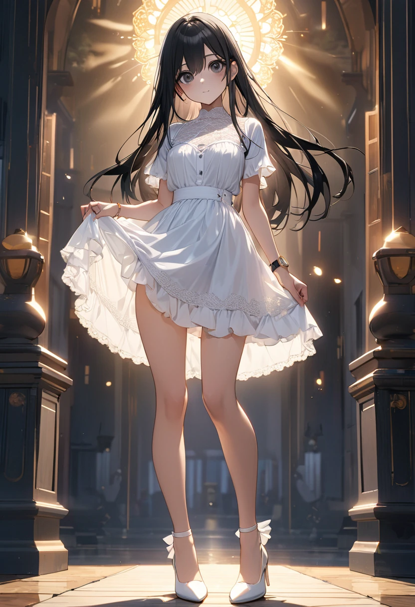 masterpiece, 8k wallpaper, slr, super beautiful, ultra hd, 1 girl, 25 years old, super beautiful, brown hair, side braided, big ribbon ponytail, pretty eyes, beautiful lips, natural makeup beauty, shameful face, school uniform, (knee-high socks)))), ((((white lace sheer string panties))), ((Roll up skirt with hand)))), (Lightly show string panty))), Perfect Style, Stiletto Heels, Fashion Magazine Shoot, Street Photography, (NSFW)